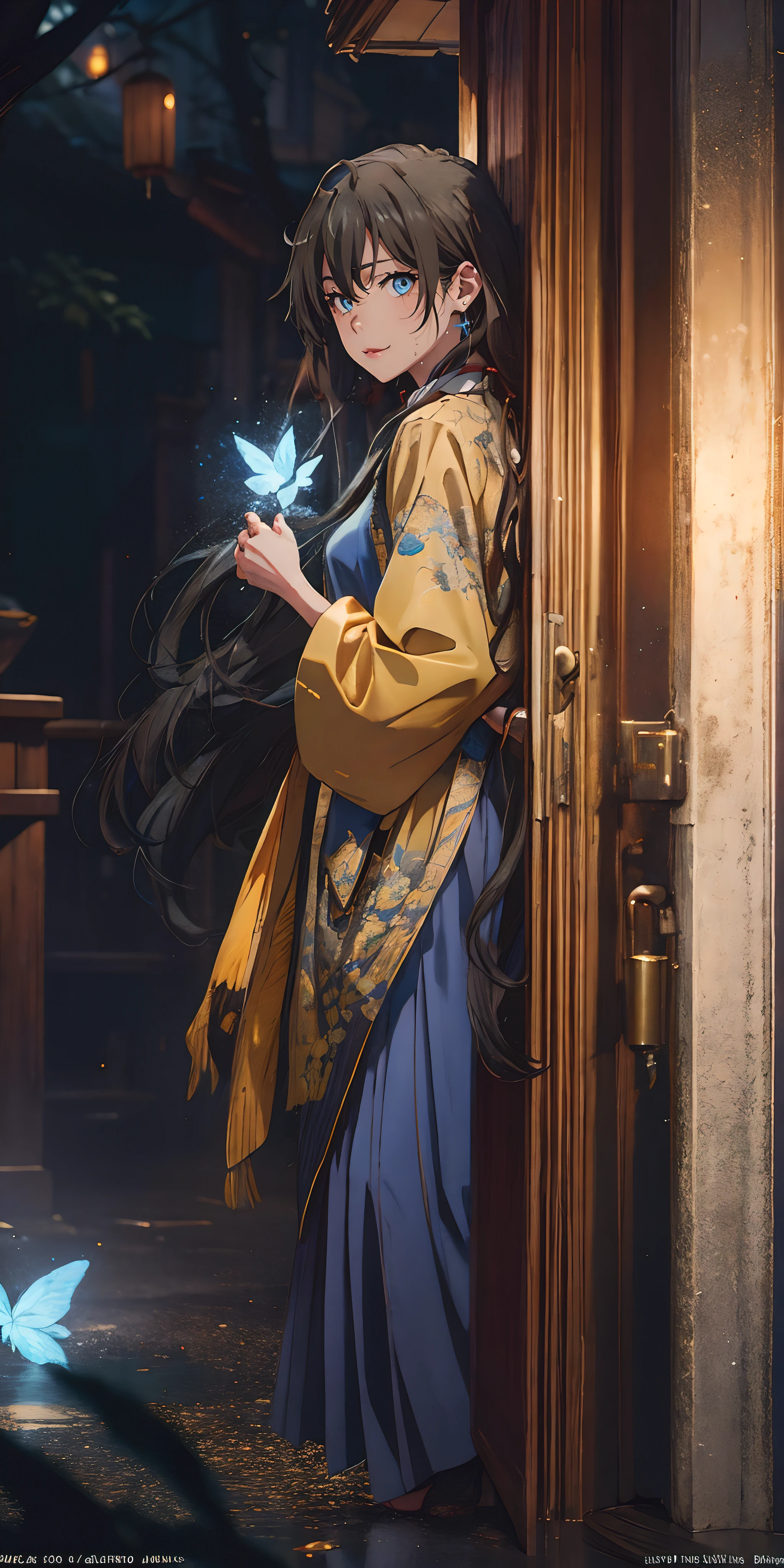 yukinoshita yukino, (long_hair, black_hair:1.6) blue eyes, epic art, fantasy art, butterfly, lantern, wide_sleeves, 1girl, blue_butterfly, standing, lips, instrument, long_sleeves, looking_at_viewer, chinese_clothes, glow effects, godrays, Hand drawn, render, 8k, octane render, cinema 4d, blender, dark, atmospheric 4k ultra detailed, cinematic, Sharp focus, big depth of field, Masterpiece, colors, 3d octane render, 4k, concept art, trending on artstation, hyperrealistic, Vivid colors, extremely detailed CG unity 8k wallpaper, trending on CGSociety, Intricate, High Detail, dramatic,