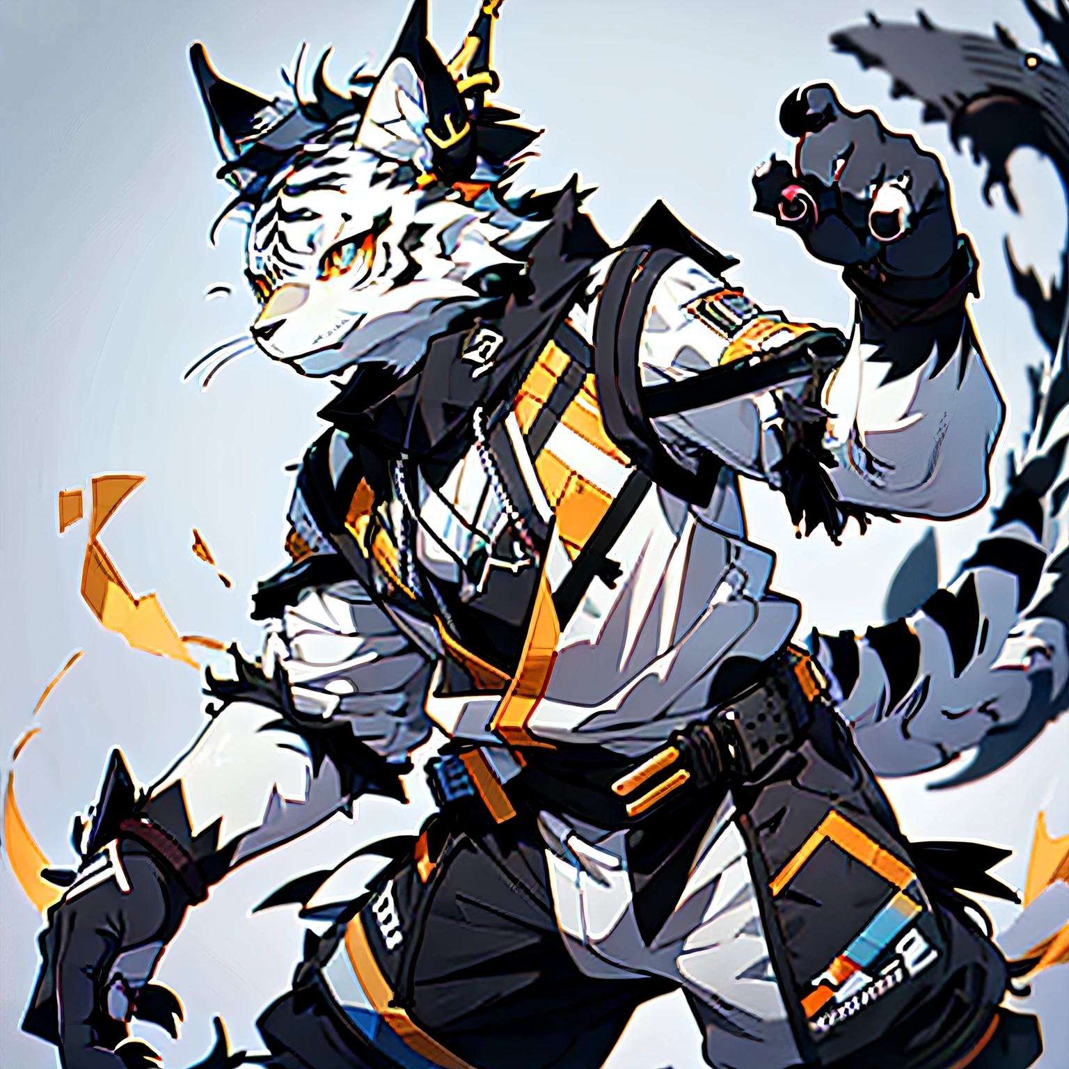 high detail, hyper quality, high resolution, 1080P, (((solo))), furry, (male dragon: 1.5), (black fur: 1.3), gray skin, gray ears, golden eyes, sharp claws, (whale tail: 1.2),dragon horn on head, white tiger stripes