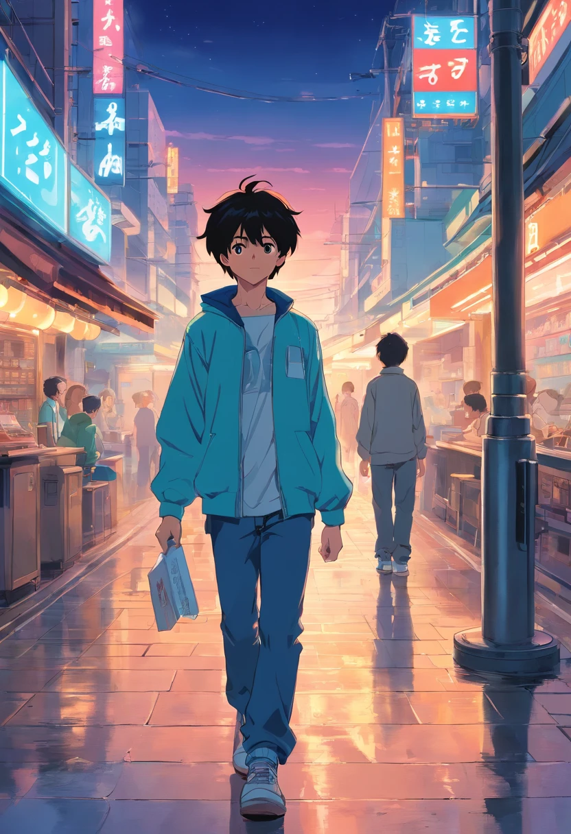 Boy in the style of 90's vintage anime, surrealism, akira style. detailed line art. fine details.