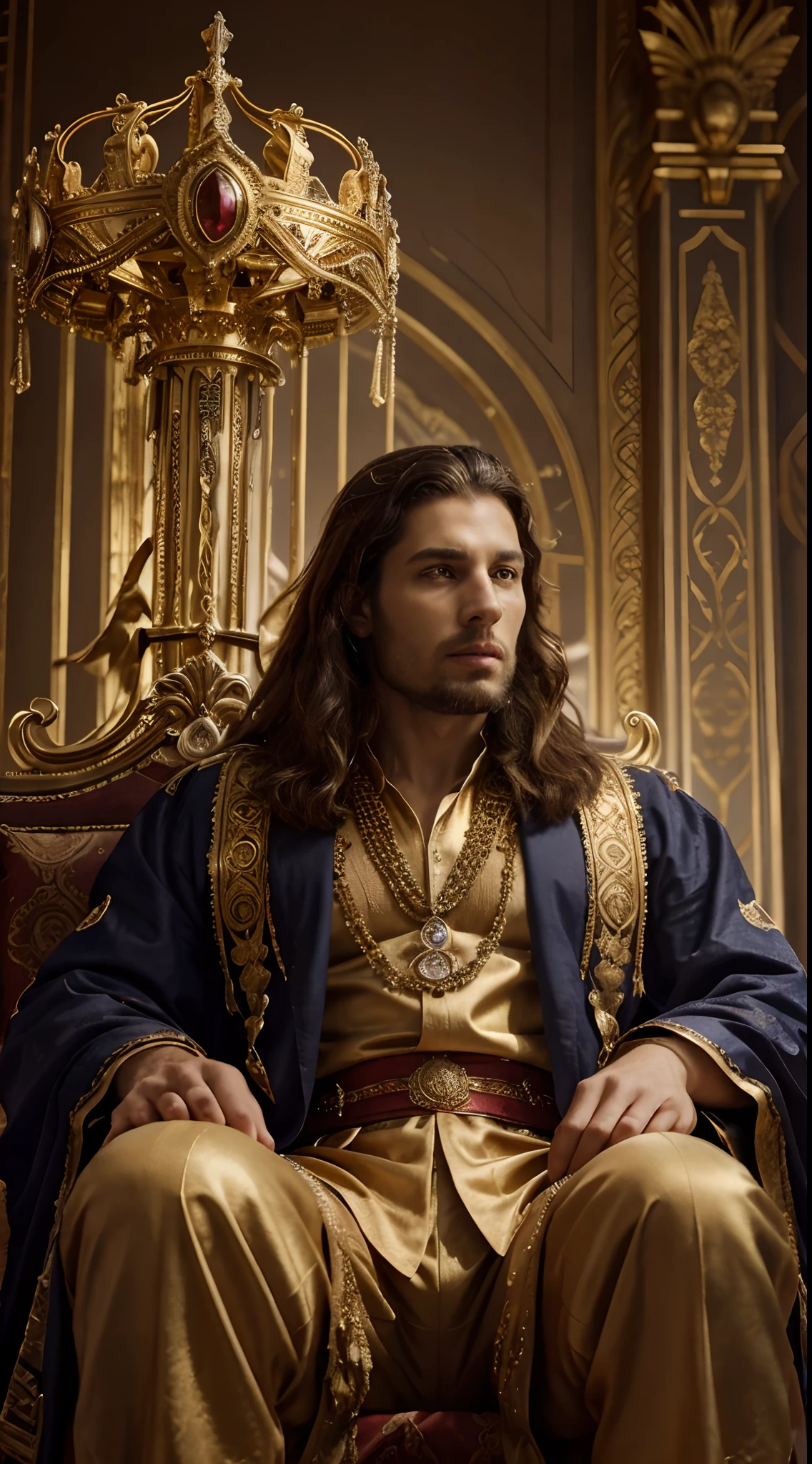 A strong male king, majestic and powerful, sitting on his throne during the biblical time of King Solomon.
(best quality,4k,8k,highres,masterpiece:1.2),ultra-detailed,(realistic,photorealistic,photo-realistic:1.37),kingly presence,elaborate golden throne,ornate crown,jeweled scepter,royal robe,wise expression,commanding gaze,grandiose palace in the background,evocative lighting,rich and vibrant colors,artistic portrayal,royal ambiance