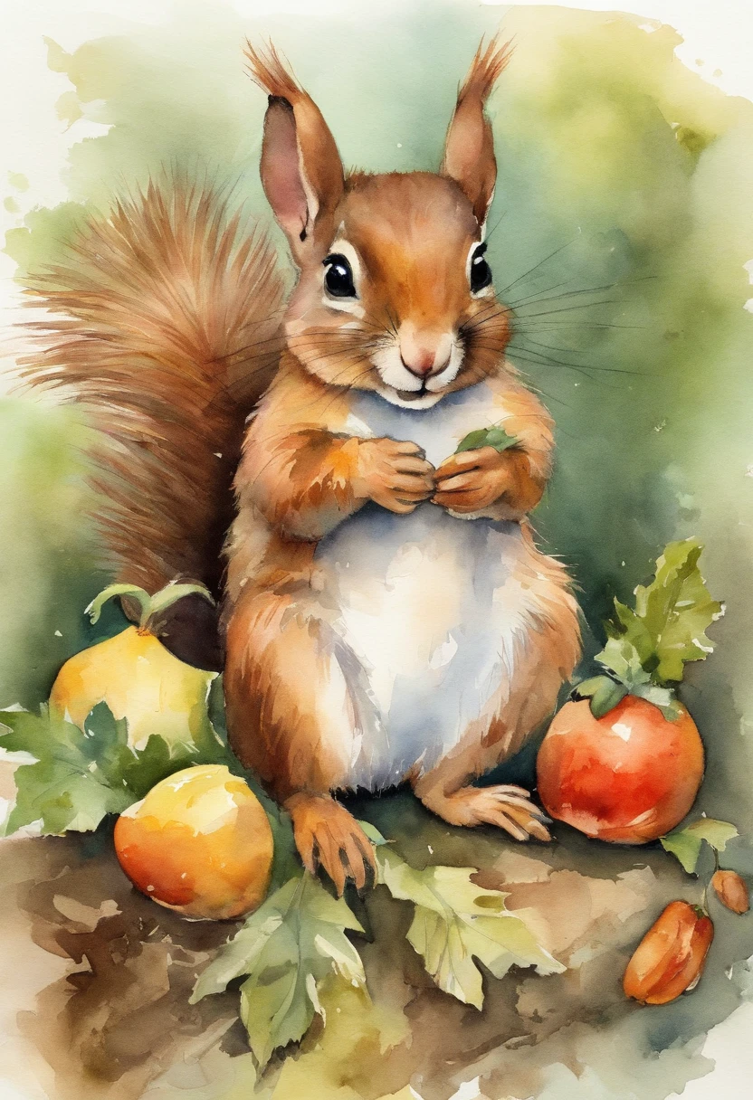 Image of a picture book、Cute squirrel and rabbit、Various angles、Falling fruit