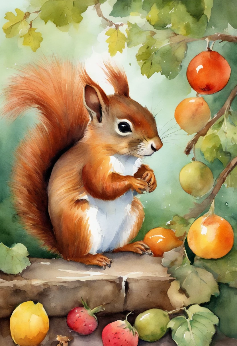 Image of a picture book、Cute squirrel and rabbit、Various angles、Falling fruit