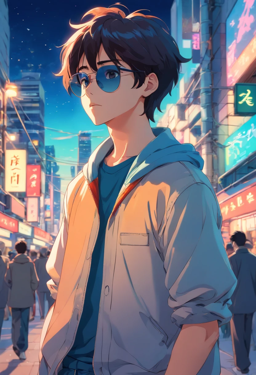 Boy in the style of 90's vintage anime, surrealism, akira style. detailed line art. fine details, sunglass