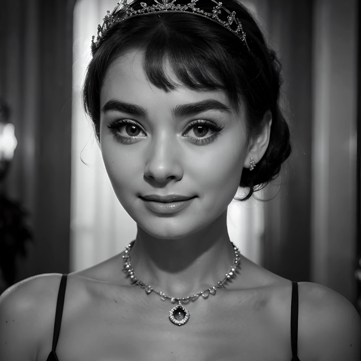 audrey hepburn,roman holiday,smile, monochrome , shortcut, Big eyes, dignified eyebrows, divine,Diamond necklace,Tiara
