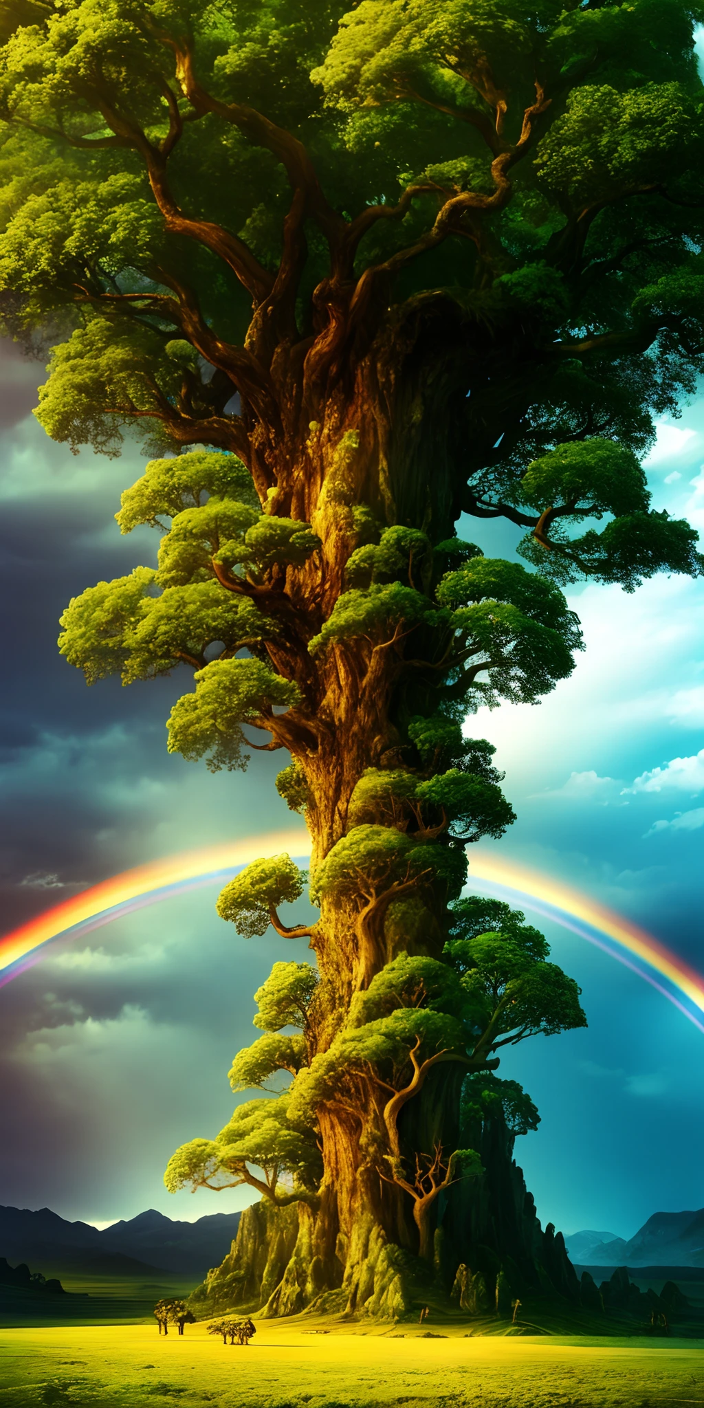 Beautiful, landscape, otherworldly, exotic, utopian, mythological, forest grove, huge central tree, magical, rainbow, fantasy, detailed