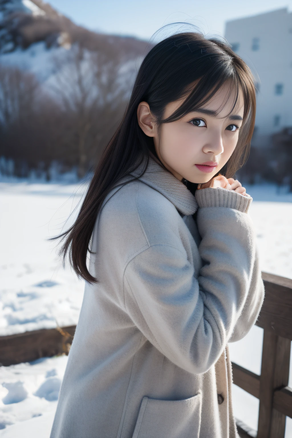 (masterpiece、top-quality、high-level image quality、ultra res,in 8K), (Raw foto:1.2), (Photorealsitic:1.4), (Beautiful Realistic Asians:1.4)、(beautiful a girl,Sexy actress,japanes、cute little、Alone),Woman in anguish and despair,Beautiful and tender photo of tired woman with body and mind、年轻、Beautiful limbs、Winter Outfit、The emotional landscape reflects her spirit、Cold wind blows、Winters、jpn、professional photograpy、