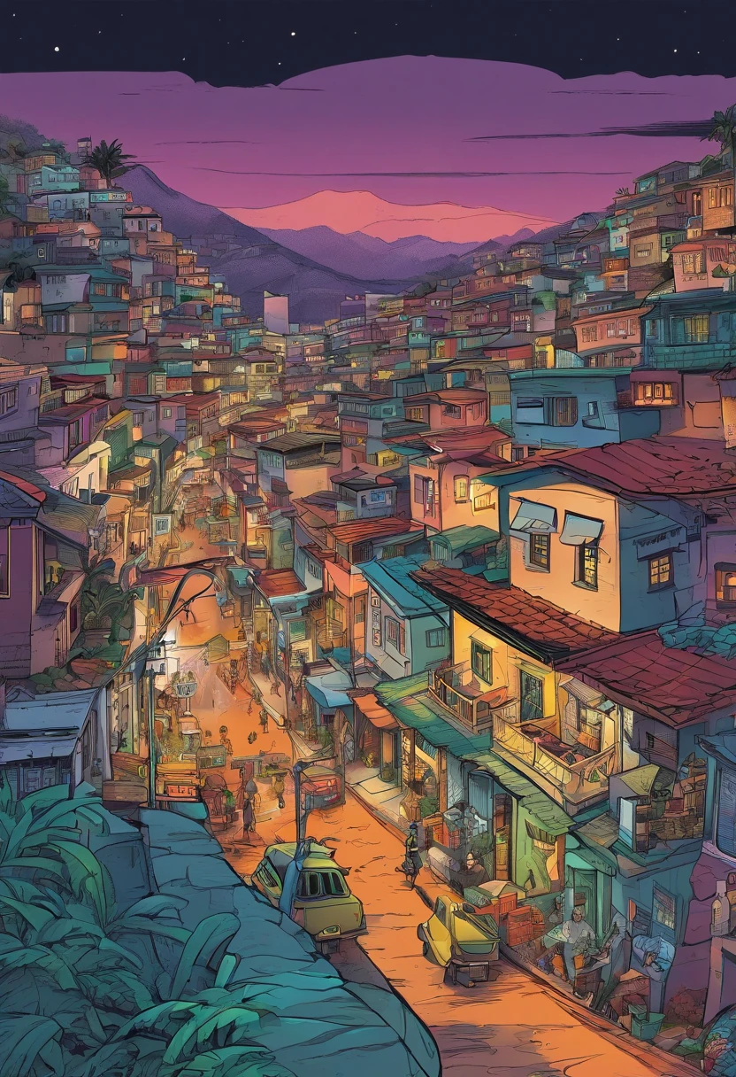 traficantes do rio de janeiro, com uma favela de fundo, anoite