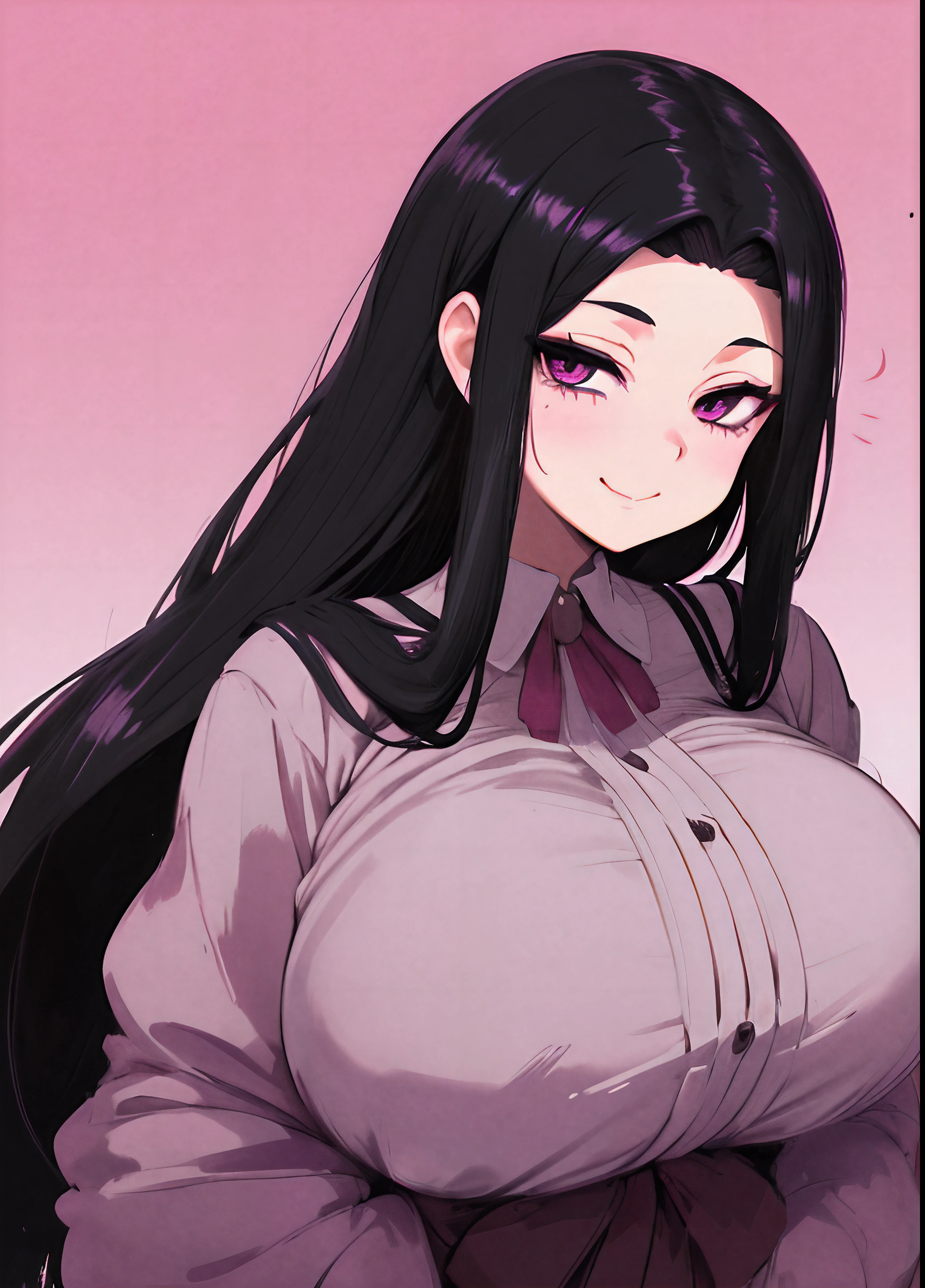 portraiture, beautiful young woman, long wavy thick black hair tied in high ponytail, parted bangs, massive forehead, large reddish violet eyes, huge forehead, delicate facial features, flawless skin, rosy cheeks, captivating smile, slender neck, graceful posture, elegant dress, vibrant colors, soft lighting, retro anime, old anime, 80s anime style