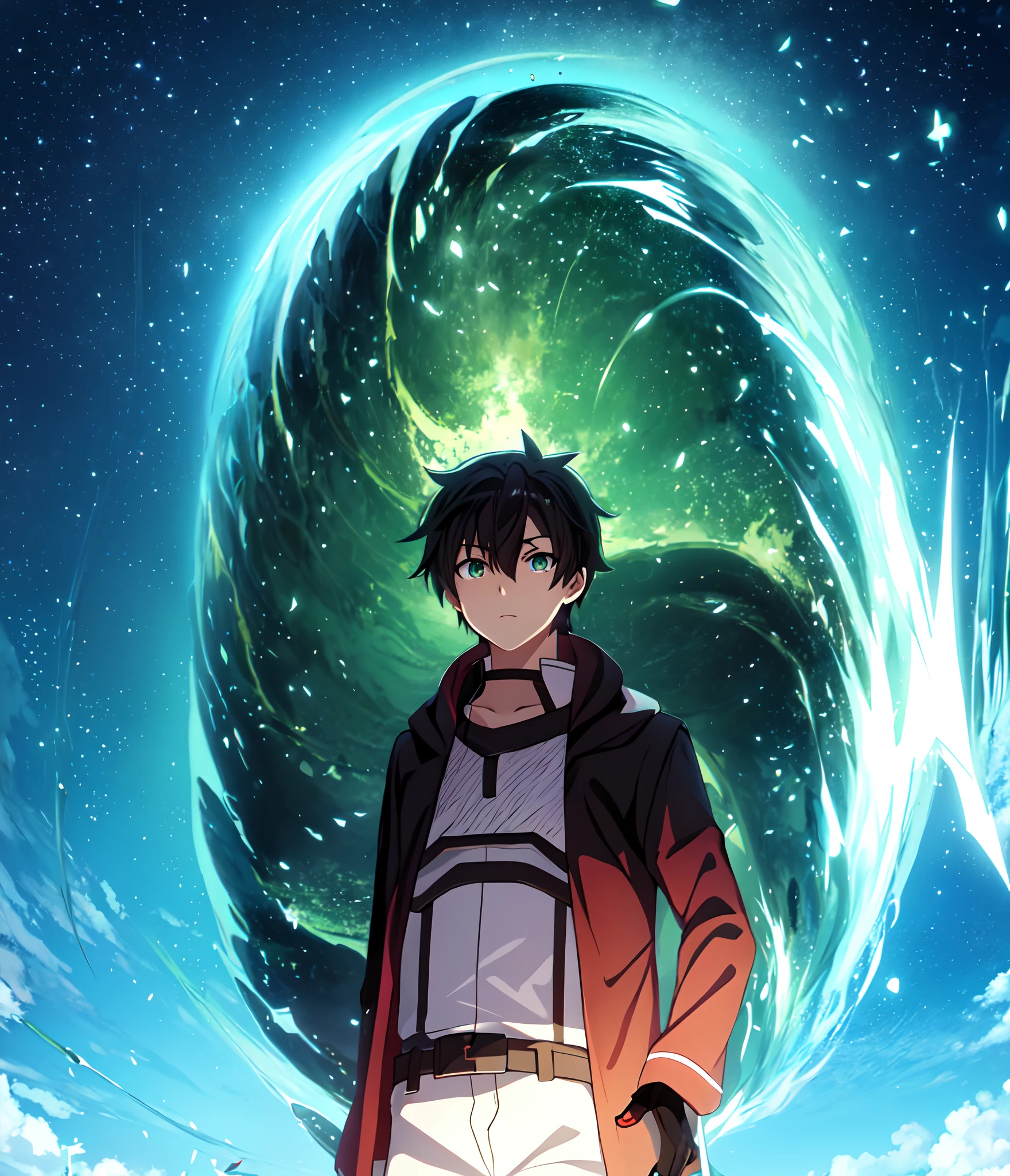 Anime character with a green ring around her neck, an epic anime of a energy man, anime moe artstyle, tsunami behind him, Okata Kazuto., cara de anime alto com olhos azuis, Kirito, Keqing de Genshin Impact, shigenori soejima illustration, arte oficial do personagem, portal, aura negra brilhante, arte chave do anime, Torre de Deus