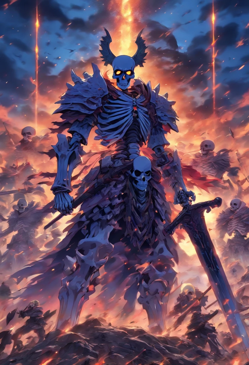 Skeleton warriors stand on the huge battlefield of the apocalyptic world. The greatsword was pointed in his direction.