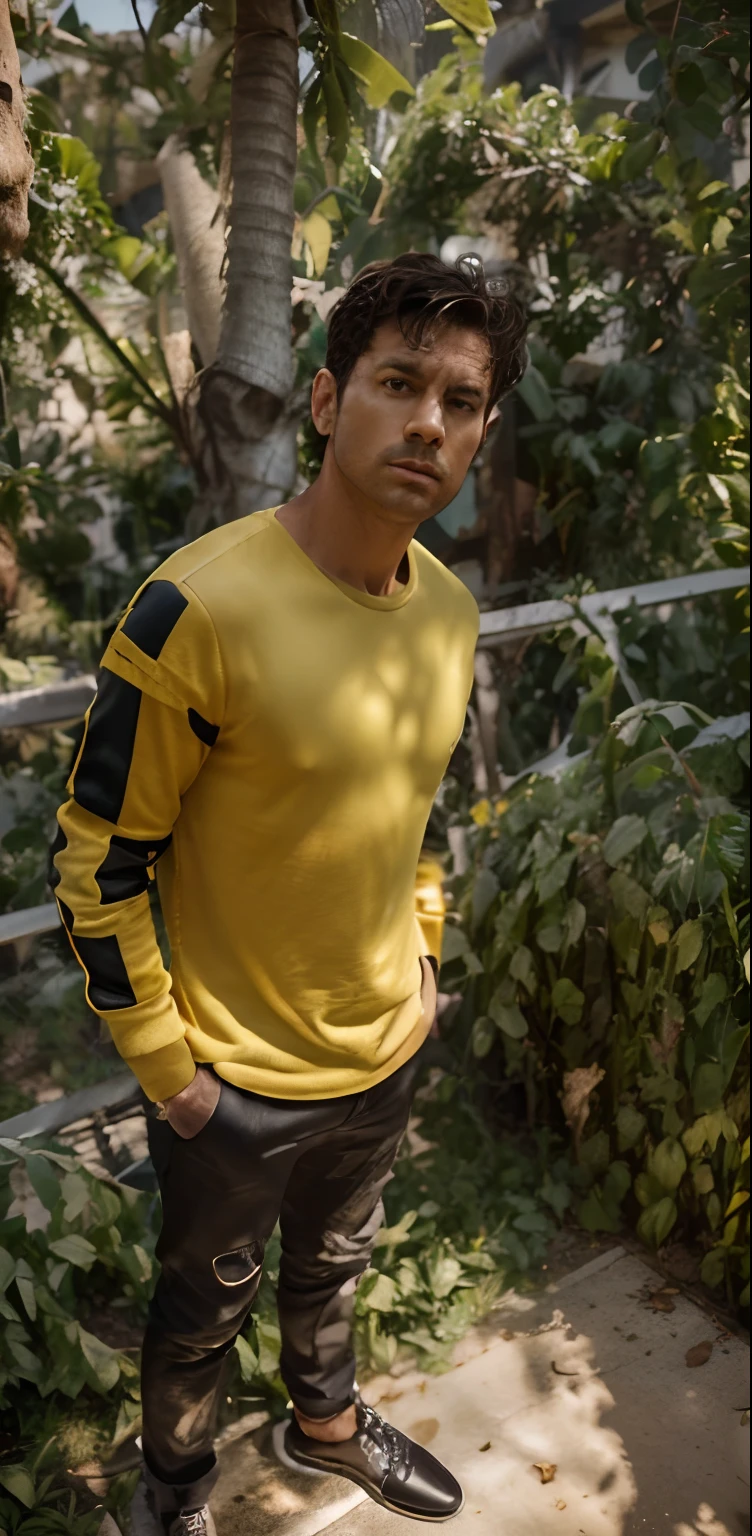 Portrait of a ((man)), 38 years old, middle-aged, dark hair, short and curled, ((full body)), wearing suit, successful, formal wear, wearing social shoes, long sleeve, (((medium plane photo)), perfect composition, intricate, symmetrical, soft lighting, intricate details, highly detailed, unreal engine, studio photo, masterpiece, expert, insanely detailed, 4k resolution, realistic photo, realistic anatomy, dramatic lighting,  professional lighting, dof, blurred background, in a scenario with a yellow Lamborghini model car in the background