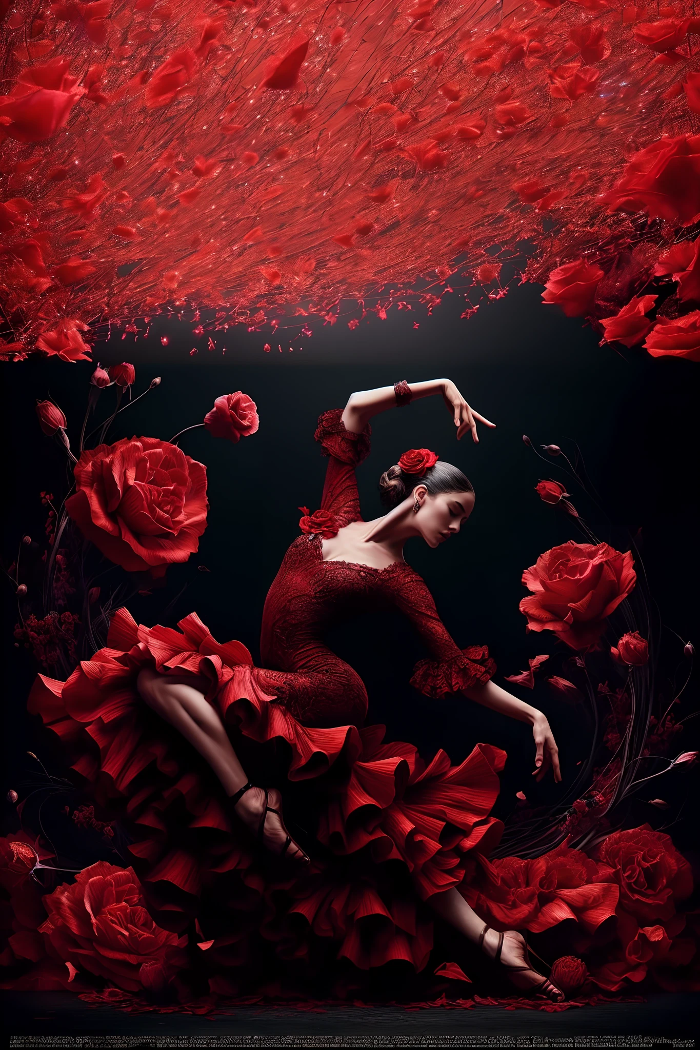 a woman in a red dress is dancing in a circle of roses, dancing gracefully, exploding roses, intricate and epic composition, dramatic powerful pose, in a red dream world, falling red petals, 8 k highly detailed ❤🔥 🔥 💀 🤖 🚀, sensual dancing, she is dancing. realistic, rich red colors, miss aniela, inspired by Lucia Peka