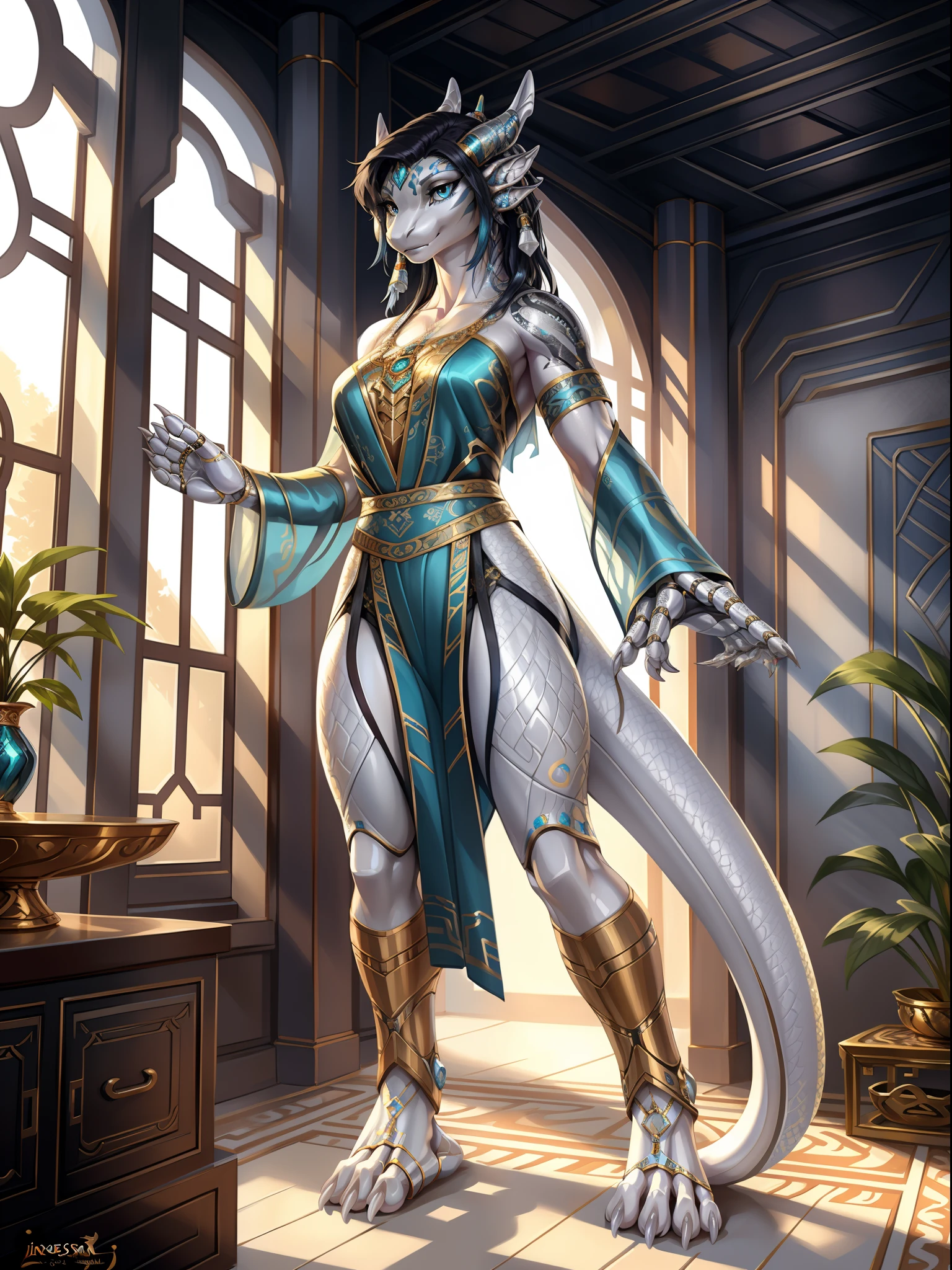 （Female robotic dragon), standing, Alone,, detailed scale texture, bedroom, (cyberpunk), (tribe costume, ), (shoulders down,ropa interior standingrna),Plastic sandals,Silver white body,white belly, dawn, shading, dark environment, (dragon), ((rakisha)), (kontanagamori)), (View up), it looks painful, [simple background], detailed students, masterpiece, Caustics, illuminated border, Unique light source, sharp shadows, solo portrait，finger claws, (digital degree, foot claws), (Hanfu), by inessa garmash, Greg Rutkovsky, pino daeni, ruanjia