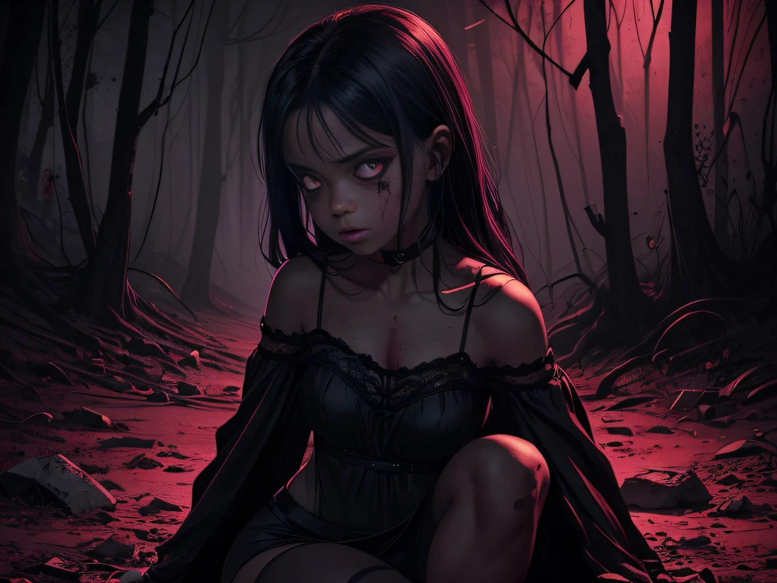 Illustration, Vibrant color palette, Dynamic linework, Exaggerated expressions, Detailed shading: A dark, mysterious Dark beautiful sexy little, ((yo)) latin girl with cute legs from horror movies with zombies with dramatic expressions, a grim atmospheric setting, and a striking color palette.