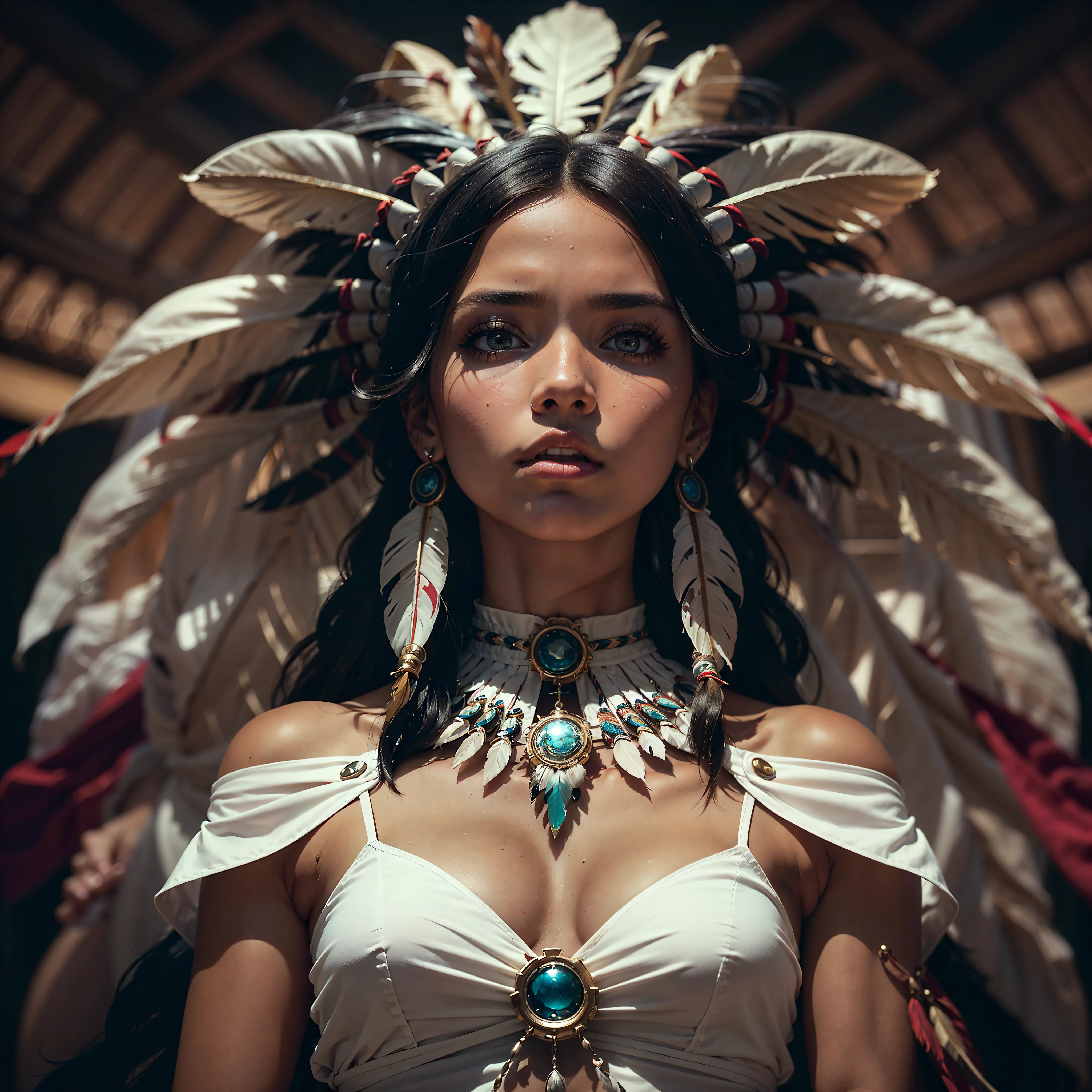 (wide shot, dynamic, complex composition:1.3), (expressive pose:1.6), (futuristic style), (A mystical portrait of a native american woman:1.3), (brown skin:1.3), (closed mouth:1.2), (authority in her eyes: 1.2), wearing dark makeup, the photograph captured in stunning 8k resolution and raw format to preserve the highest quality of details. she wears bright white elegant futuristic clothes, (bare shoulders, small covered breasts:1.3), (her eyes are portrayed with meticulous attention to detail: 1.3), The photograph is taken with a lens that emphasizes the depth in her eyes, (wind billows around her), and the backdrop is a dark studio setting that enhances the colours of the scene. The lighting and shadows are expertly crafted to bring out the richness of her skin tone and the intense atmosphere. Her creative hair adds a touch of contrast against her skin, The overall composition captures her essence with authenticity and grace, creating a portrait that celebrates her heritage and beauty. Photography utilizing the best techniques for shadow and lighting, to create a mesmerizing portrayal that transcends the visual, slightly tilted head,