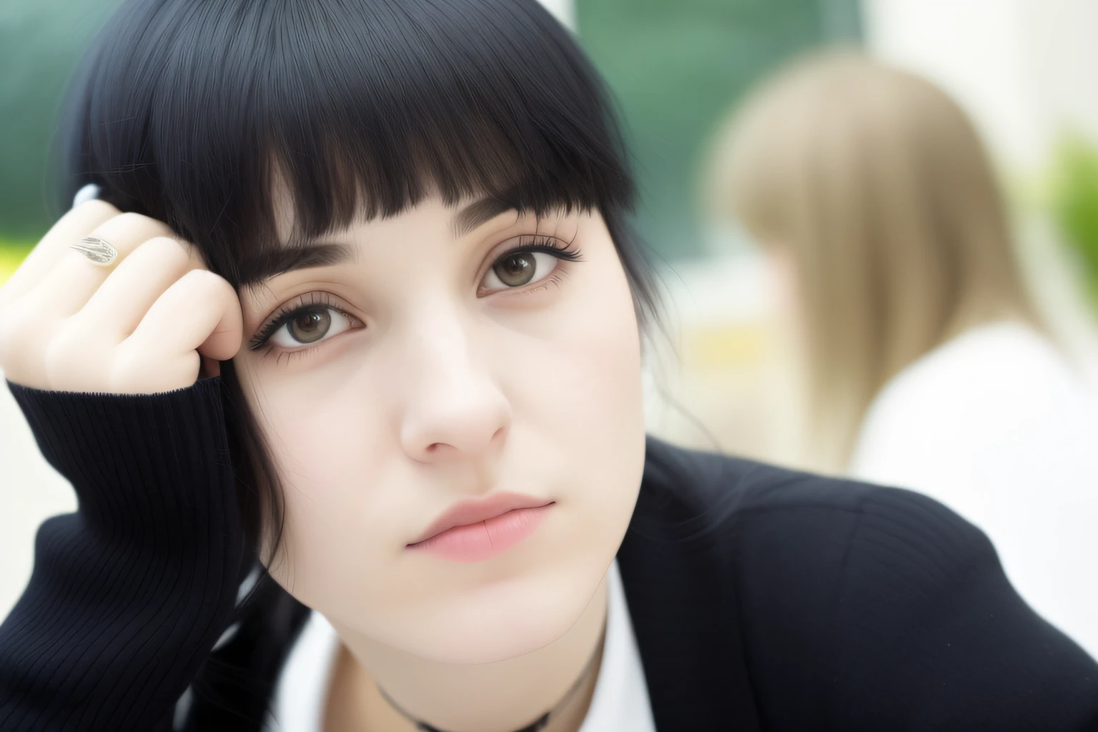 A woman with a mobile phone sits at the table, girl with black hair, anastasia ovchinnikova, Black hair and white bangs, female emo art student, anna nikonova, Blunt bangs fall on her forehead, She has black hair with bangs, Bored expression on his face, Interested expression, She has a detached expression on her face, photo of young woman