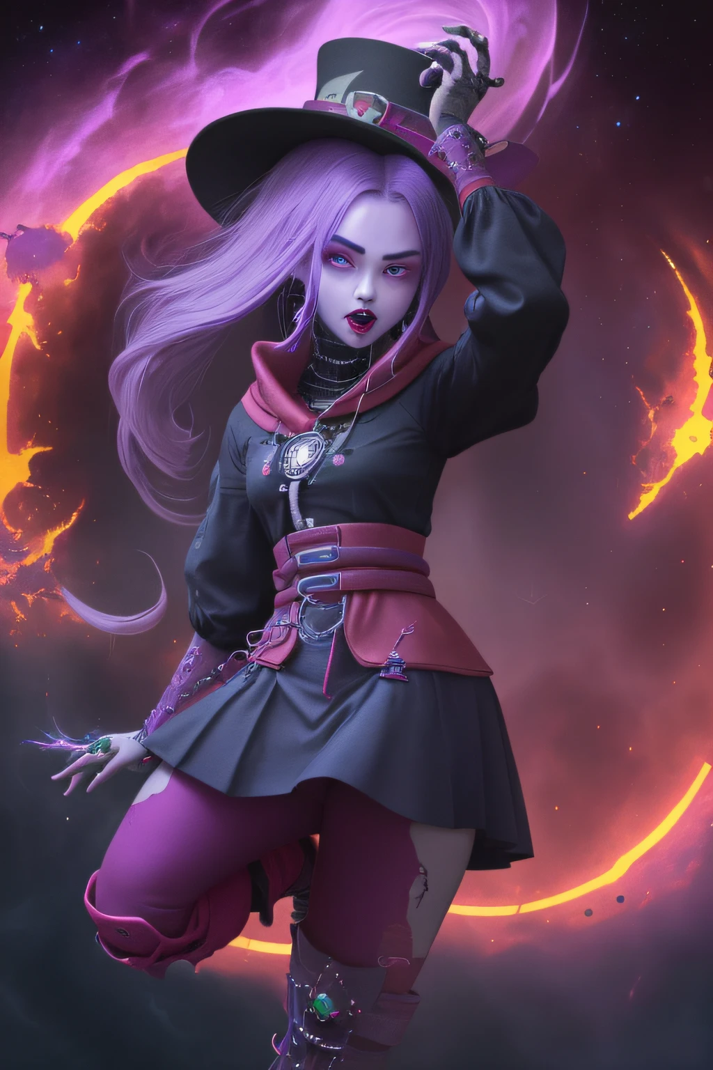 Photo: Creppy Nightmare trixie Lulamoon girl, dark supreme sorcerer with beyond, cosmic powers, cabello blanco con rayos azul claro Un inquietantemente hermoso al estilo de Sonic.Exe, con una sonrisa retorcida, ojos rojos intensos, Ojos rojos como la sangre, y dientes dentados, Colores opacos. Capa roja con violeta, Amulet of the Phoenix of Time, botas azules y piel azul, Absorbed Demons and Cosmic Horrors, Oscuridad primordial, Horror theme, cyberponk city