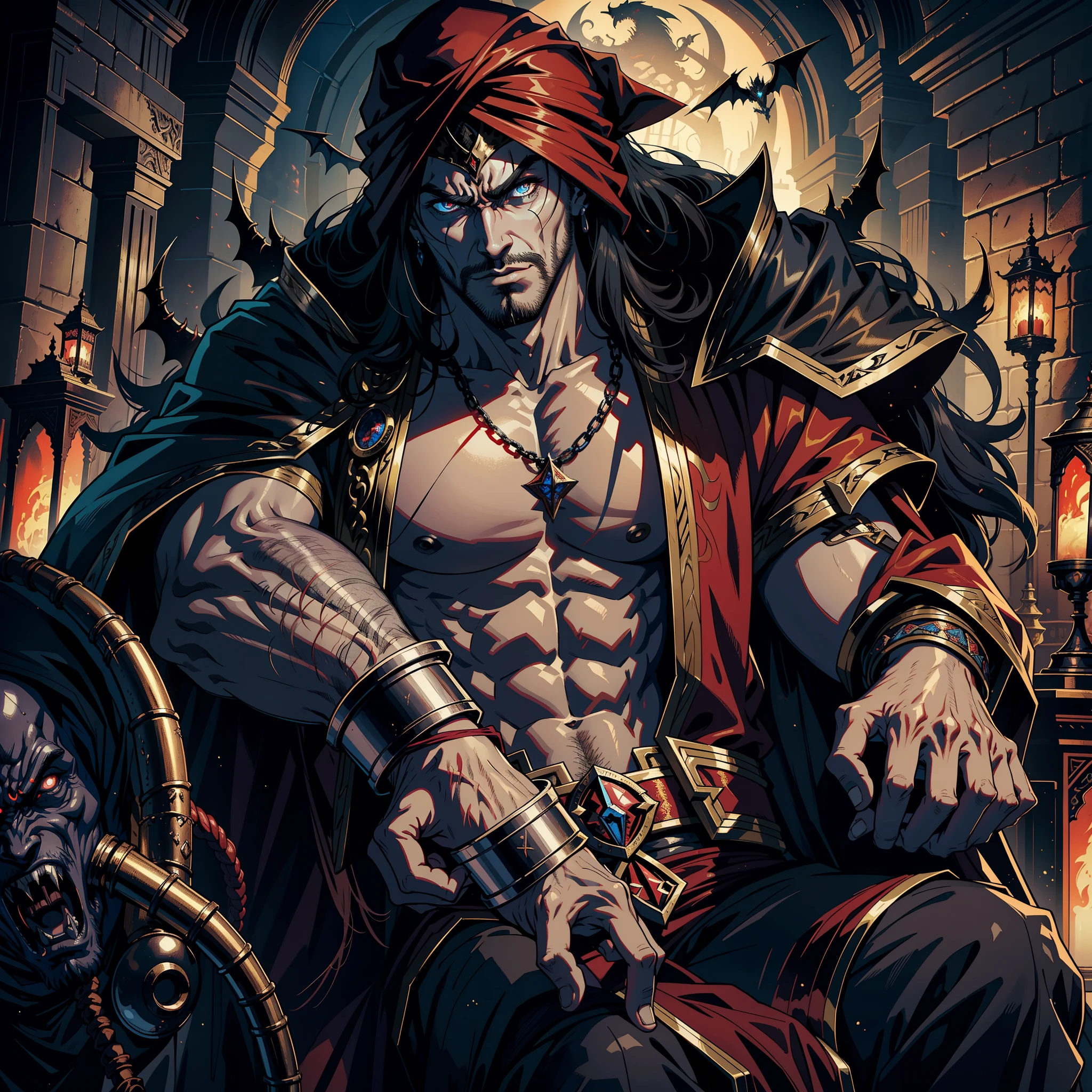 Castlevania Hyper Realistic Shadow Lord Super Detailed Dynamic Shot Master Piece of Lord Dracula Medieval Arab Warrior with Red Turban Scary Face Hokuto No Ken Structure Muscle Face Kenshiro Sitting on His Legendary Throne in a Festival of Demons Celebrating Their Victory Wide Environment Sharp details Cinematic Scenes Epic Movie Legendary Movie Hyper Realistic Movie Different Angle of View