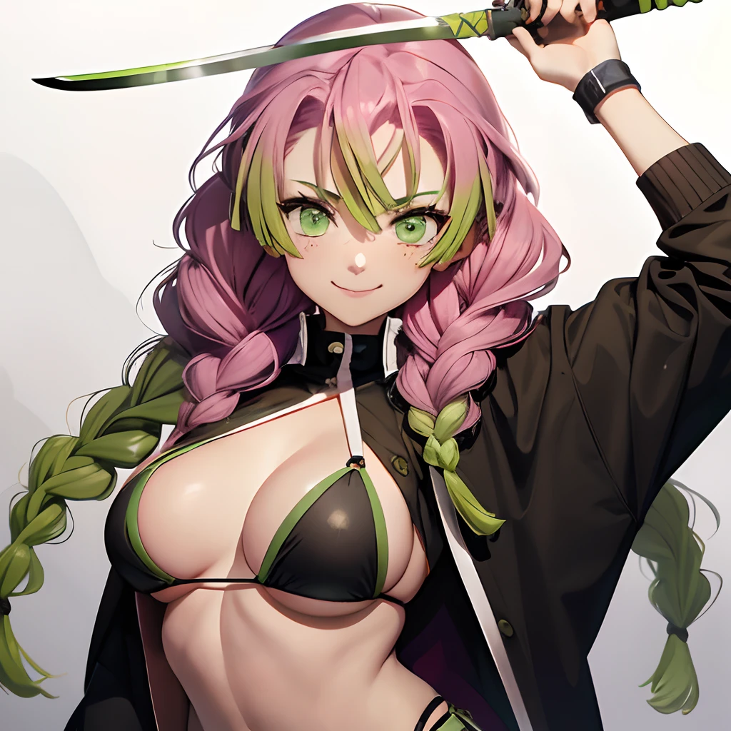 (Smile), The bikini, Japanese Katana Sword, Holding a sword in his hand,Gradient Hair, (Green eyes:1.5), Green hair, Mole under the eyes, multicolored hair, Pink hair, Twin braids, Two-tone hair, huge-breasted, Holding a sword, Holding a sword, Slash with a sword, attacking a viewer with sword
