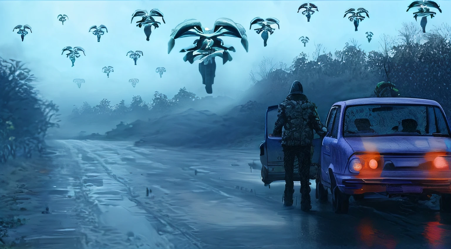 There are two people next to a car on a wet road, aliens in the background, aliens invading earth, Aliens coming Dune, Ainda do filme A Chegada, wraiths riding in the sky, alien creatures scattered around, populated with aliens and people, alien forest in background, Ovnis, ufo attack, James Cameron Estilo Avatar, energetic beings patrolling