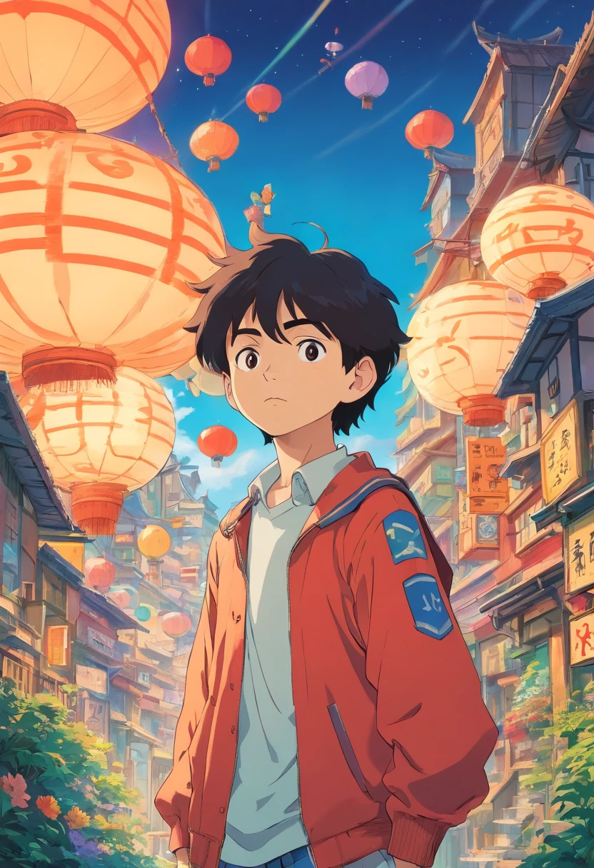 Boy in the style of 90's vintage anime, surrealism, akira style. detailed line art. fine details.