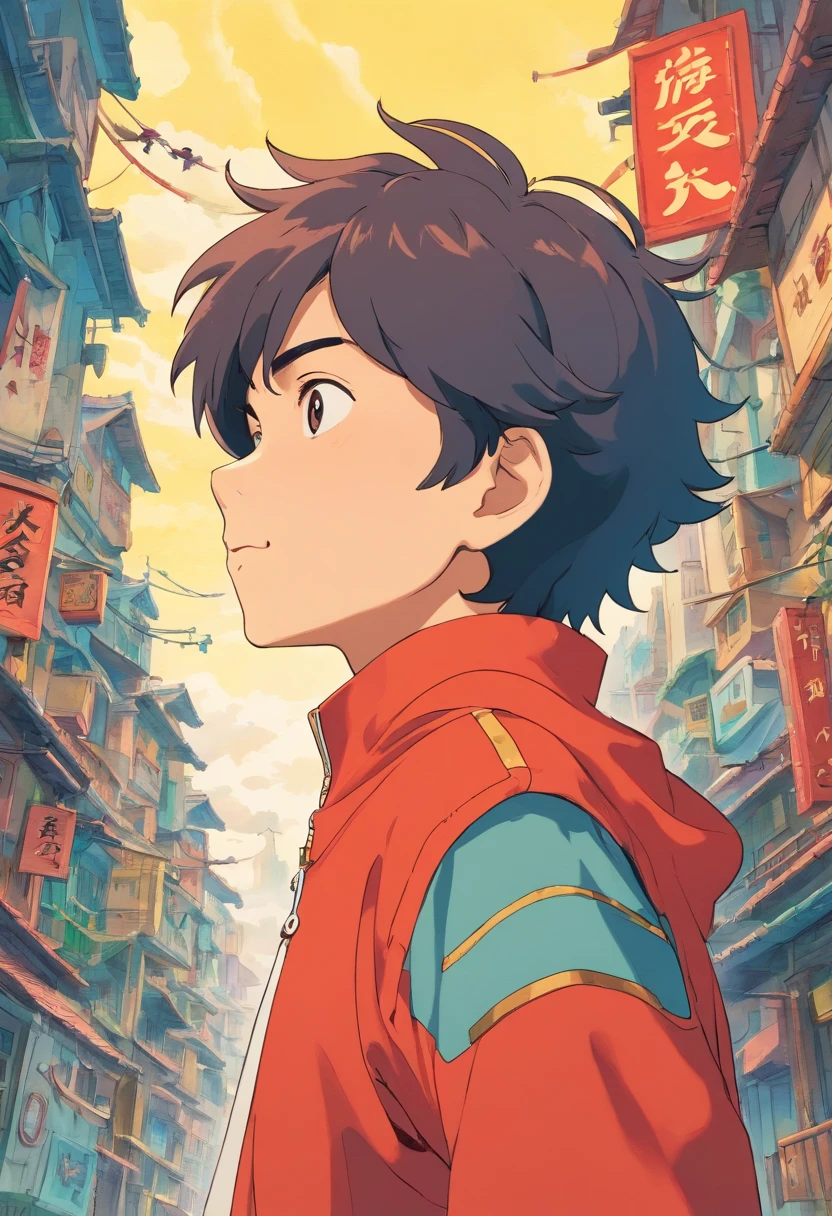 Boy in the style of 90's vintage anime, surrealism, akira style. detailed line art. fine details.