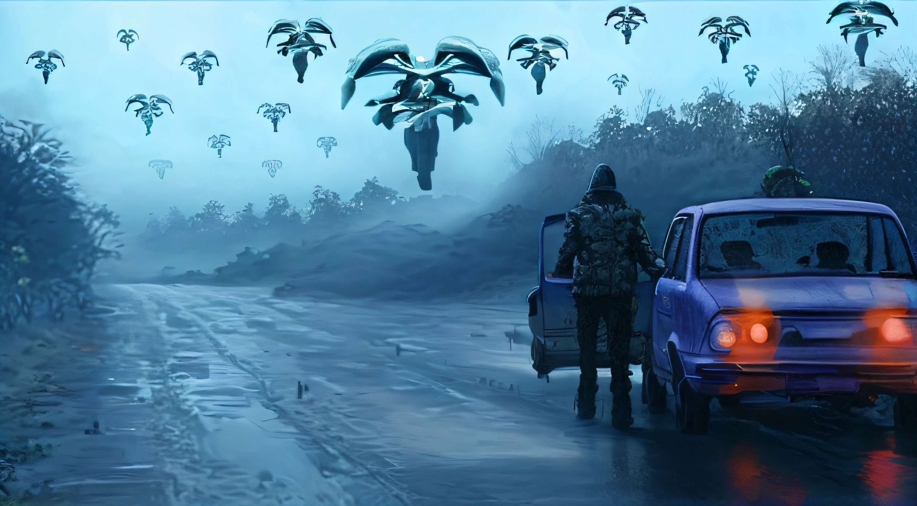 There are two people next to a car on a wet road, aliens in the background, aliens invading earth, Aliens coming Dune, Ainda do filme A Chegada, wraiths riding in the sky, alien creatures scattered around, populated with aliens and people, alien forest in background, Ovnis, ufo attack, James Cameron Estilo Avatar, energetic beings patrolling