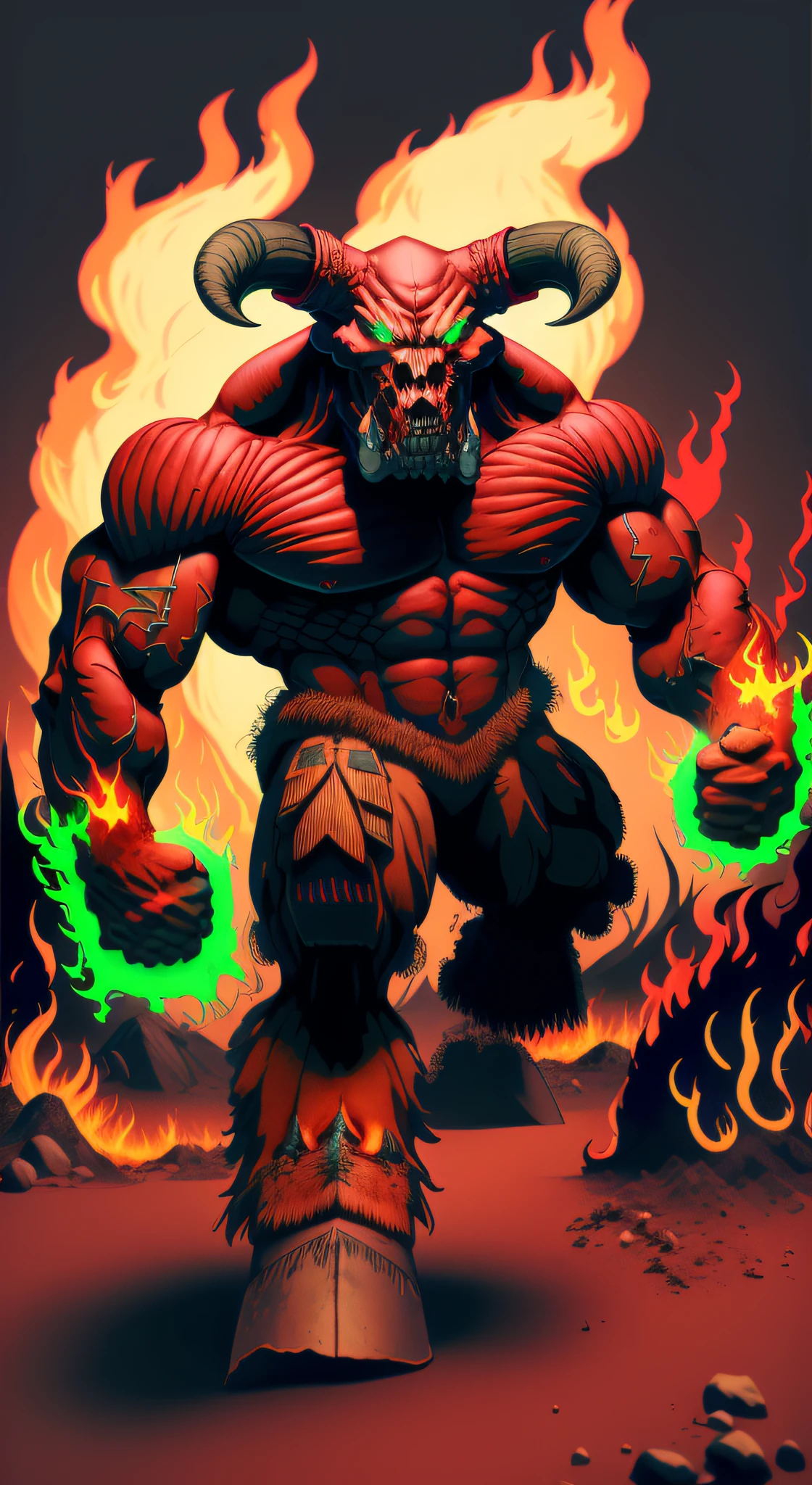 (masterpiece, best quality), (doomboh:1.1), solo, upper body, (energy fist, aura:1.1), volcano, glowing eyes, fire, flames, red