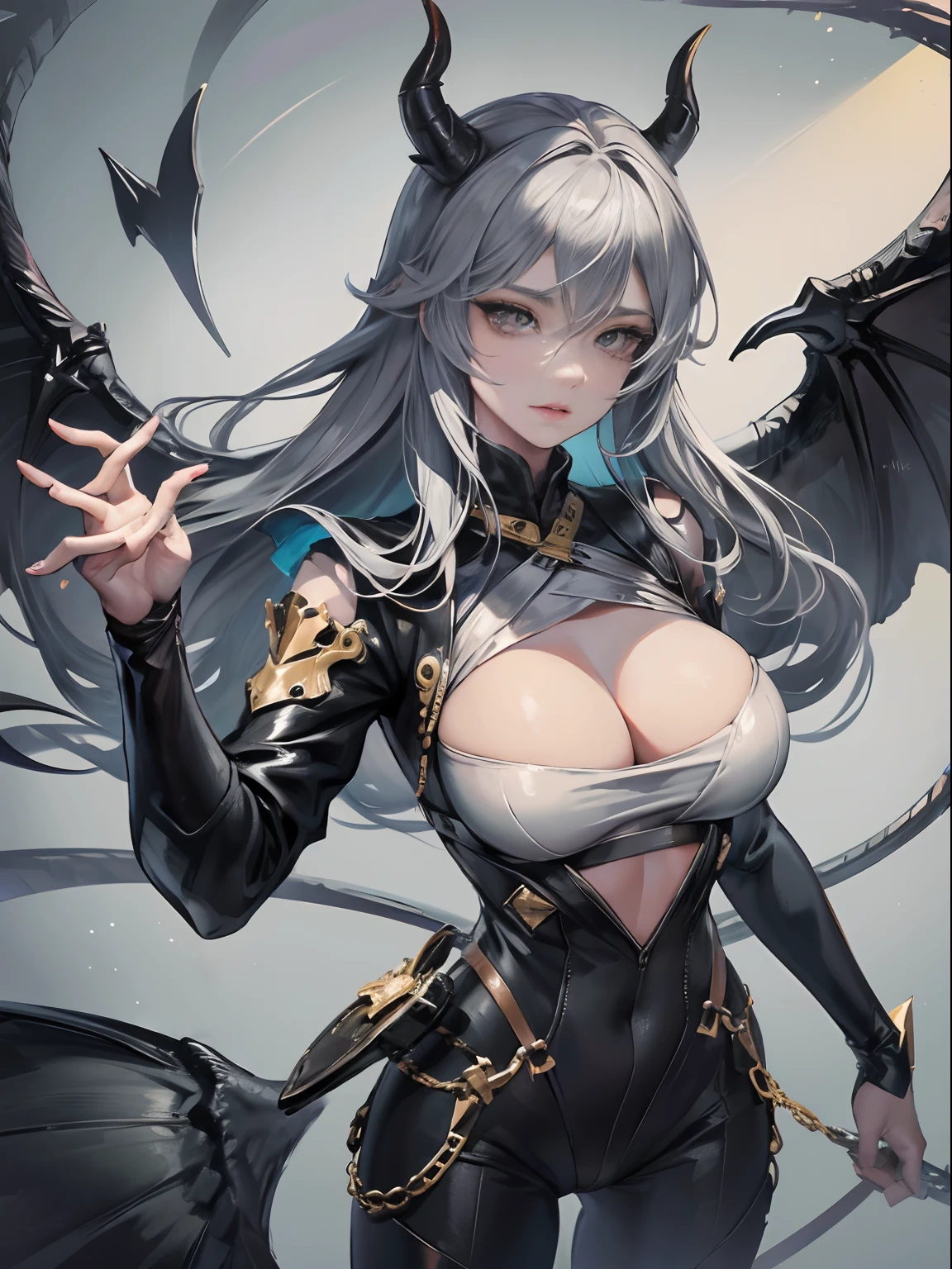 mature,femele,It's tempting,Gray hair,Golden eyes,Openwork tie-up jumpsuit,Breasts,cleavage,devil horns,demon tail,Watery
