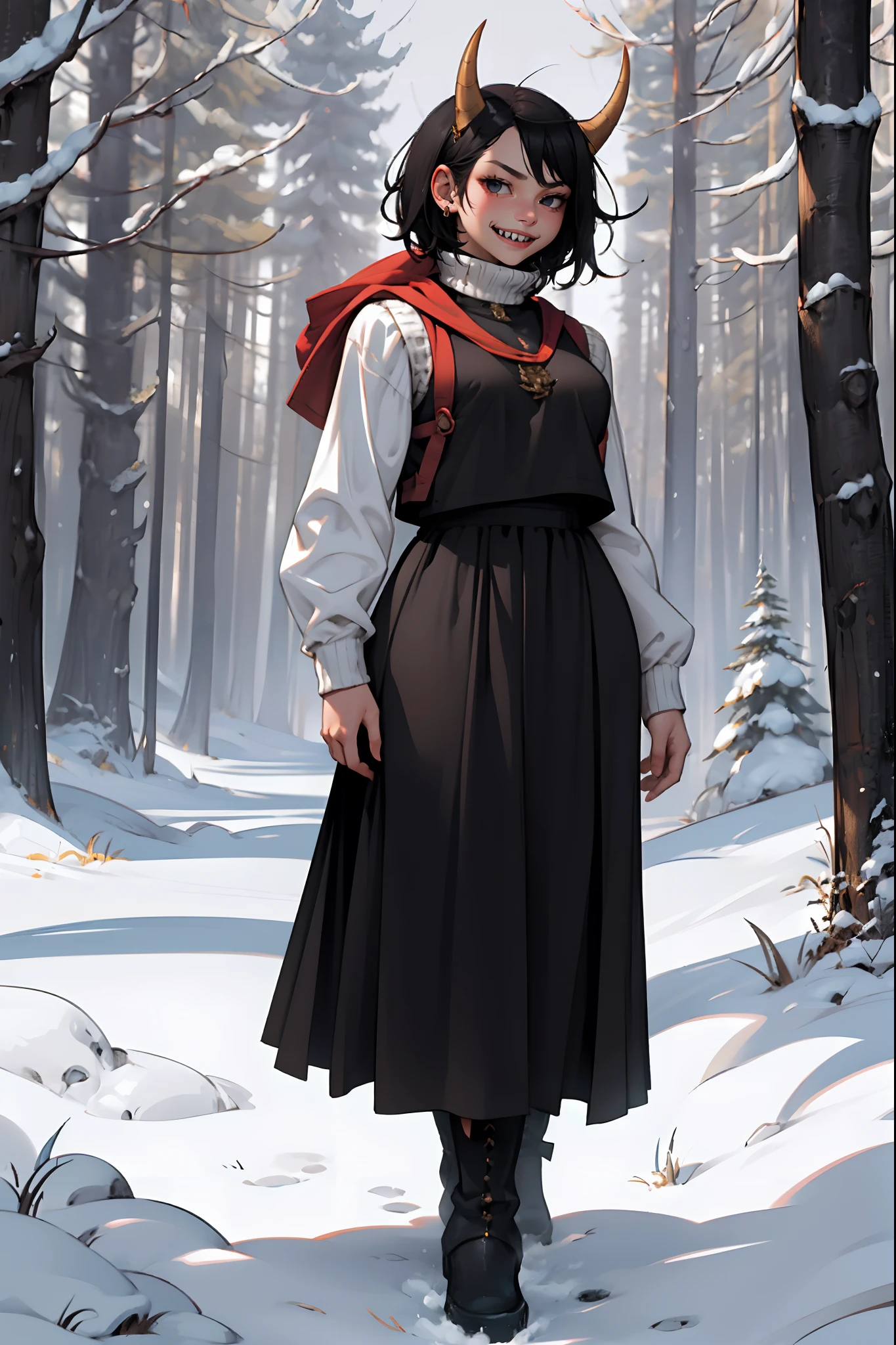 The prompt for generating an artistic image is as follows: "young girl with short black hair, wearing a vest and pullover, with dragon horns and sharp teeth, standing and smiling. She is wearing a full body winter dress with boots and a long skirt. The scene is set in a forest, with the girl dressed in medieval clothes." Tags: young girl, short black hair, vest, pullover, dragon horns, sharp teeth, standing, smiling, full body, winter dress, boots, long skirt, forest, woman-medieval-clothes Image quality: (best quality:1.2), ultra-detailed, realistic:1.37 Art style: portrait, fantasy Color tone: natural, earthy tones Lighting: soft natural light