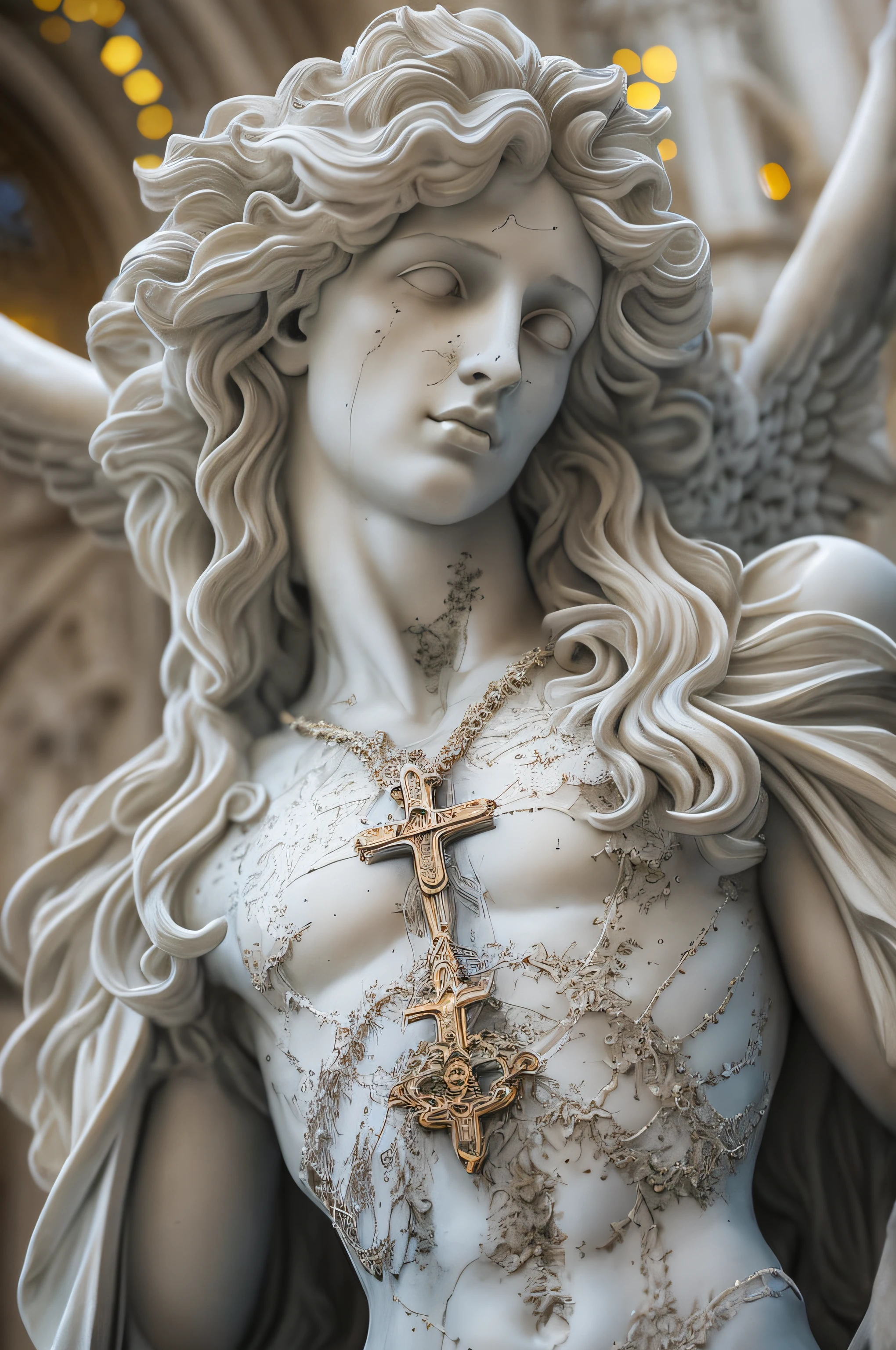 High detail RAW color art, animation, marble skin of a male angel, high angle, marble statue, (((ultra detailed elegant, beautiful face))), (crucifixion), white skin, wearing catholic robe, magical atmosphere, ((long curly hair)), (focus on face), (((gothic cathedral on background))), (detailed skin, skin texture), (intricately detailed, fine details, hyper detailed), raytracing, subsurface scattering, diffused soft lighting, shallow depth of field, by (Oliver Wetter), by Leonardo da Vinci, photographed on a Canon EOS R5, 28mm lens, F/2.8, sharp focus bokeh
