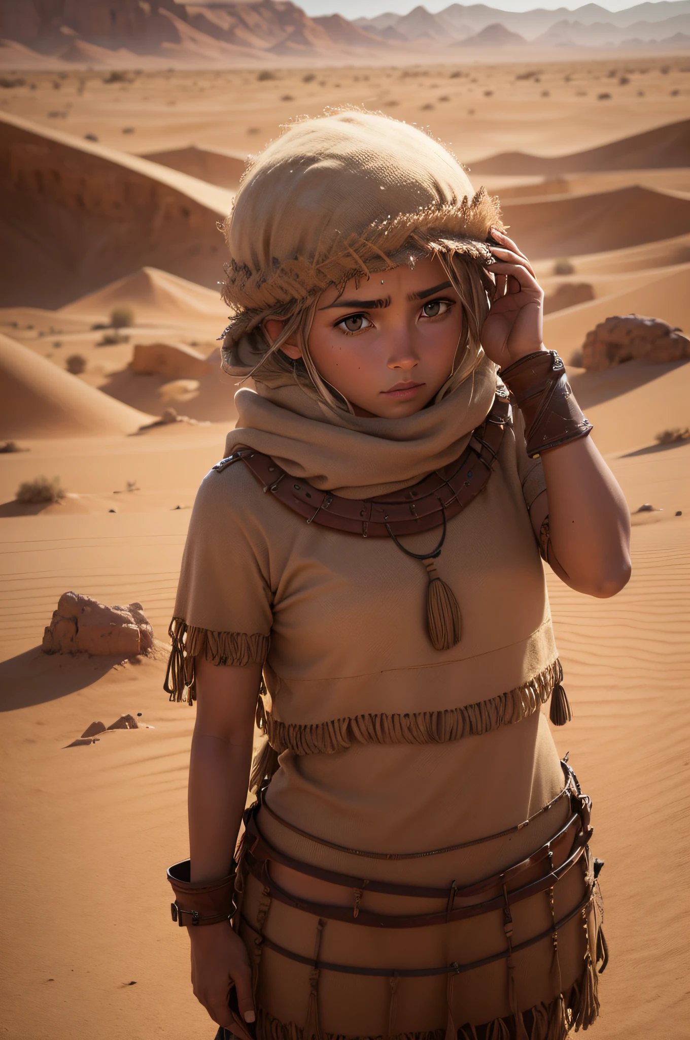 masterpiece, half body shot, transition to a desert landscape at sunset, a lone figure, a beautiful young 11 year old American girl emerges wearing beautiful post apocalyptic nomadic clothes., very pale skin, light blonde hair, greyish blue eyes, freckles on face, skinny runner body, very small breasts, highly detailed face, ultra realistic face, very beautiful skinny face, clean face, exhausted face, young looking, very young, youthful face, post-apocalyptic clothing. Layers of tattered fabric, unconventional accessories, and a worn appearance create an aura of survival and resilience., 16k, ultra-high resolution. Photorealistic, HD, RAW, DSLR