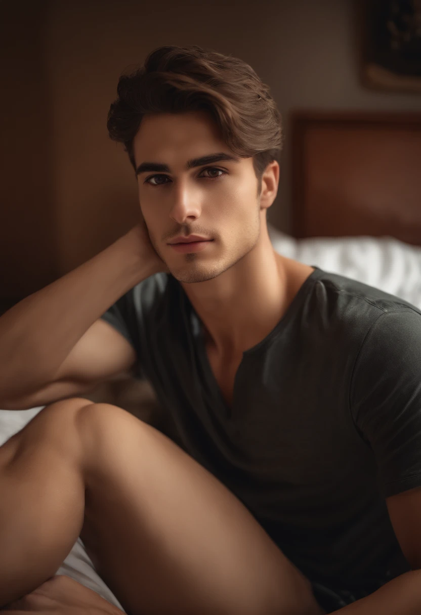 Arafed boy Is Full , Sexy boy with brown eyes, ultra realistis, Meticulous detail, Portrait of 20 years , brown hair and large eyes, Selfie of a young man, Eyes in the bedroom, looking straight at camera, face with artgram, dezentes Make-up, Stunning full-length shot, kneeling on bed, in bedroom, and large bust size