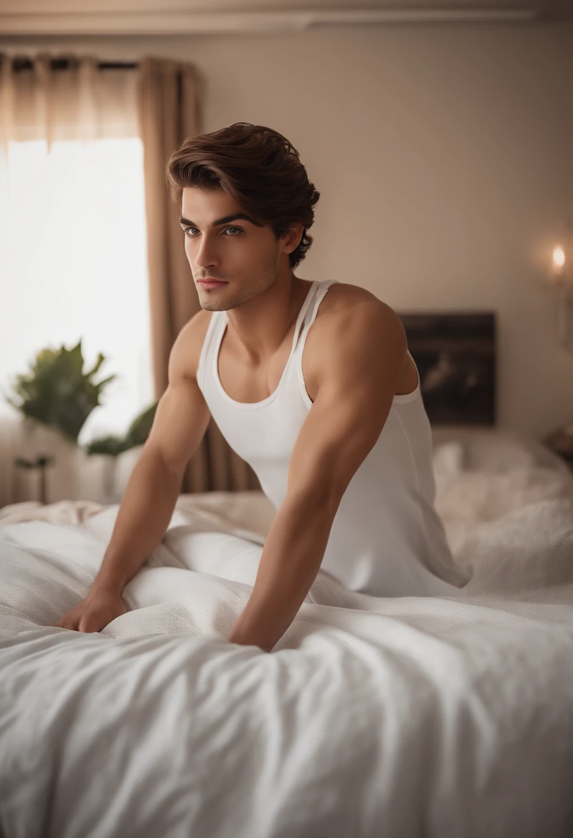 A white man, at 33 years old, model type, with short dark hair, with clear eyes, wearing a white shirt and boxers on the bed