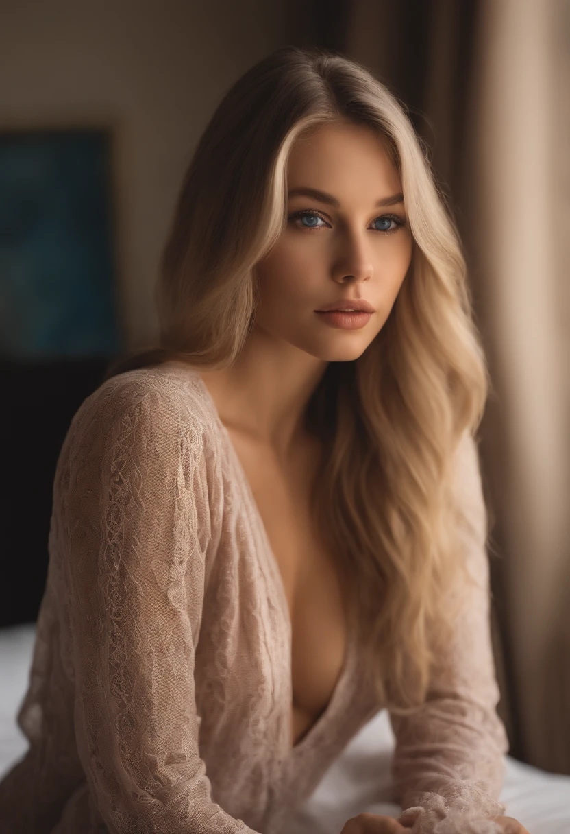 Arafed Full Woman, Sexy Girl with Blue Eyes, , Ultra Realistic, Meticulously Detailed, Portrait of Sophie Mudd, Blonde Hair and Big Eyes, Selfie of a Young Woman, Bedroom Eyes, Violet Myers, No Makeup, Natural Makeup, Looking Directly at the Camera, face artgram, subtle make-up, Impressive photo of the whole body kneeling in the beach Medium and large size chest, allowing the face to be seen clearly, portrait, naked on bed