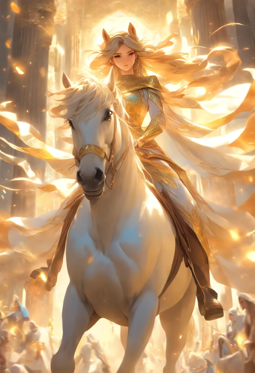 (((TISHTRYA))) best quality, ultra-high resolution, 4K detailed CG, masterpiece, Persian goddess, white horse, Persian clothing, Persian mythology, aesthetics, ((riding on horse)), Beautiful image, centered on the screen
