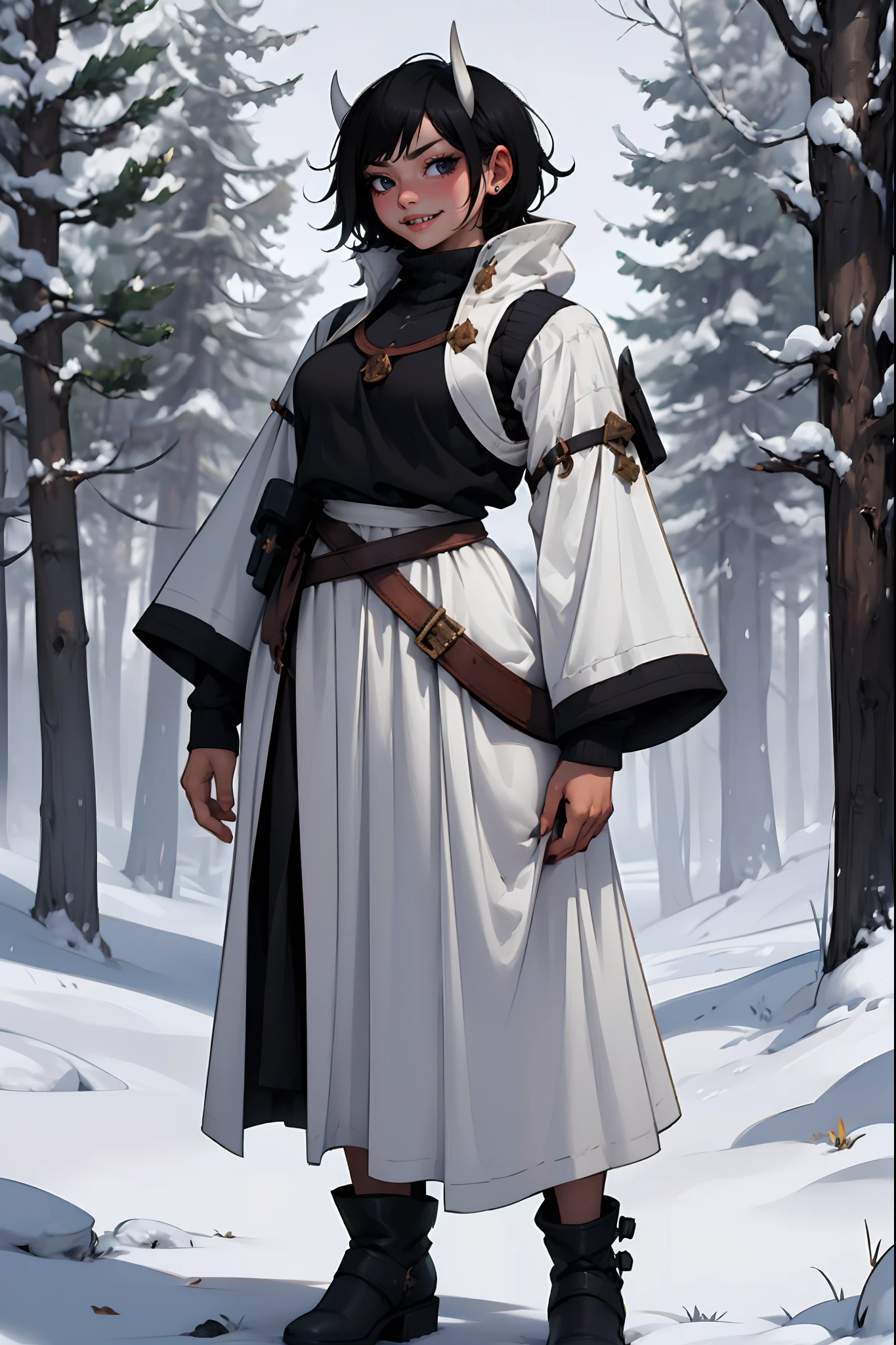 short hair, youngirl,black hair, vest, pullover, dragon horns, sharpteeth, standing, smile, full body , boots, long skirt, winter dress,, forest, woman-medieval-clothes