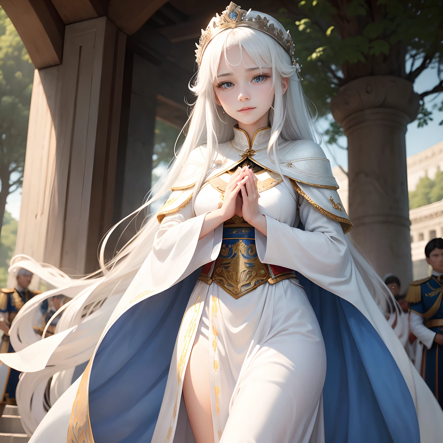 In the background is forest, a beautiful girl name is Lisa, 18 year old with blue eyes, long white hair, wearing a white tunic is sad, As emperor, Remembering a person, Smiling