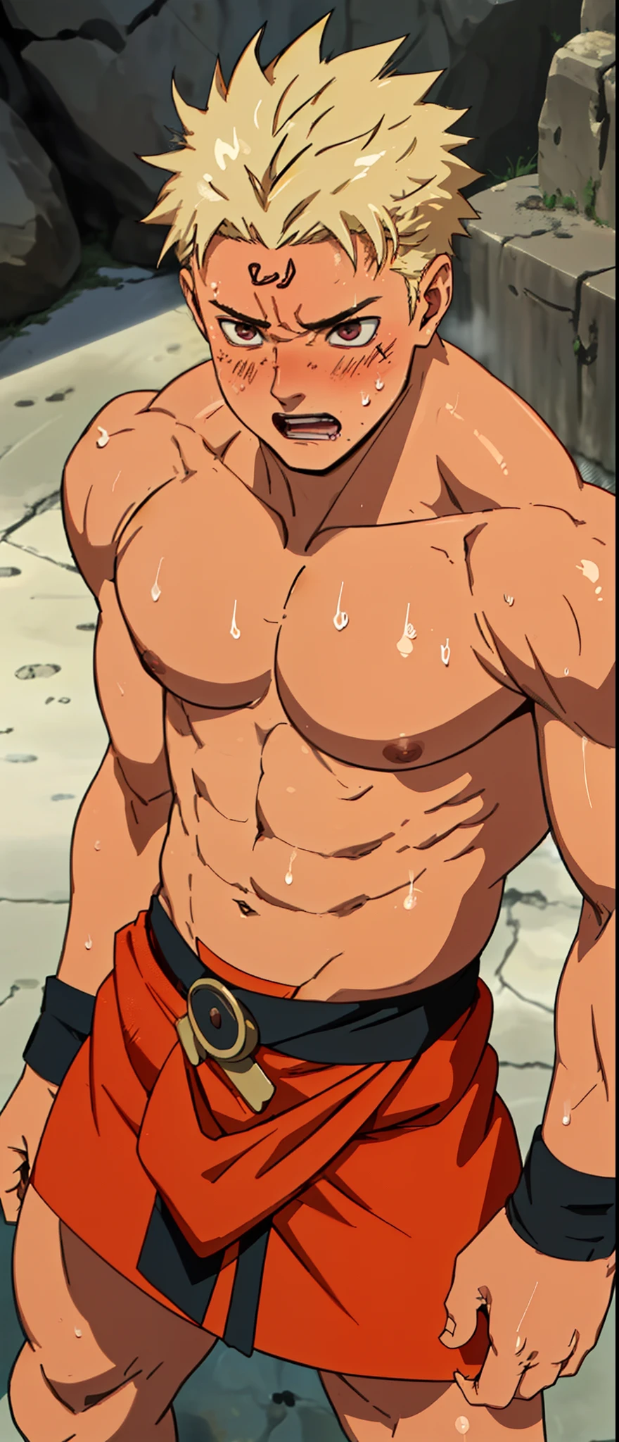 (photo angle from bottom up) (character in the center of photo) red skin, boy is shy and blushing, standing (photo angle from bottom up) [Anime photo] [highest quality photo] [4k  , HD image quality] wearing tight loincloths, loincloths bulging due to bulging genitals, sexy, seductive, bodybuilder, super giant and muscular muscles contrasting with cute face, sinewy muscles  like exploding, muscular muscles, muscles bulging as if about to explode, standing, lots of sweat flowing down, sweating profusely, drenched in sweat, lots of sweat running down the body, shirtless, hot sun,  cold face, cute baby face, yellow hair, shiny skin, topless, shirtless