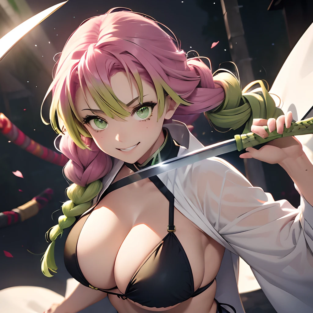 (Smile), The bikini, Japanese Katana Sword, Holding a sword in his hand,Gradient Hair, (Green eyes:1.5), Green hair, Mole under the eyes, multicolored hair, Pink hair, Twin braids, Two-tone hair, huge-breasted, Holding a sword,　Holding a sword, Slash with a sword, Attack the viewer with a sword