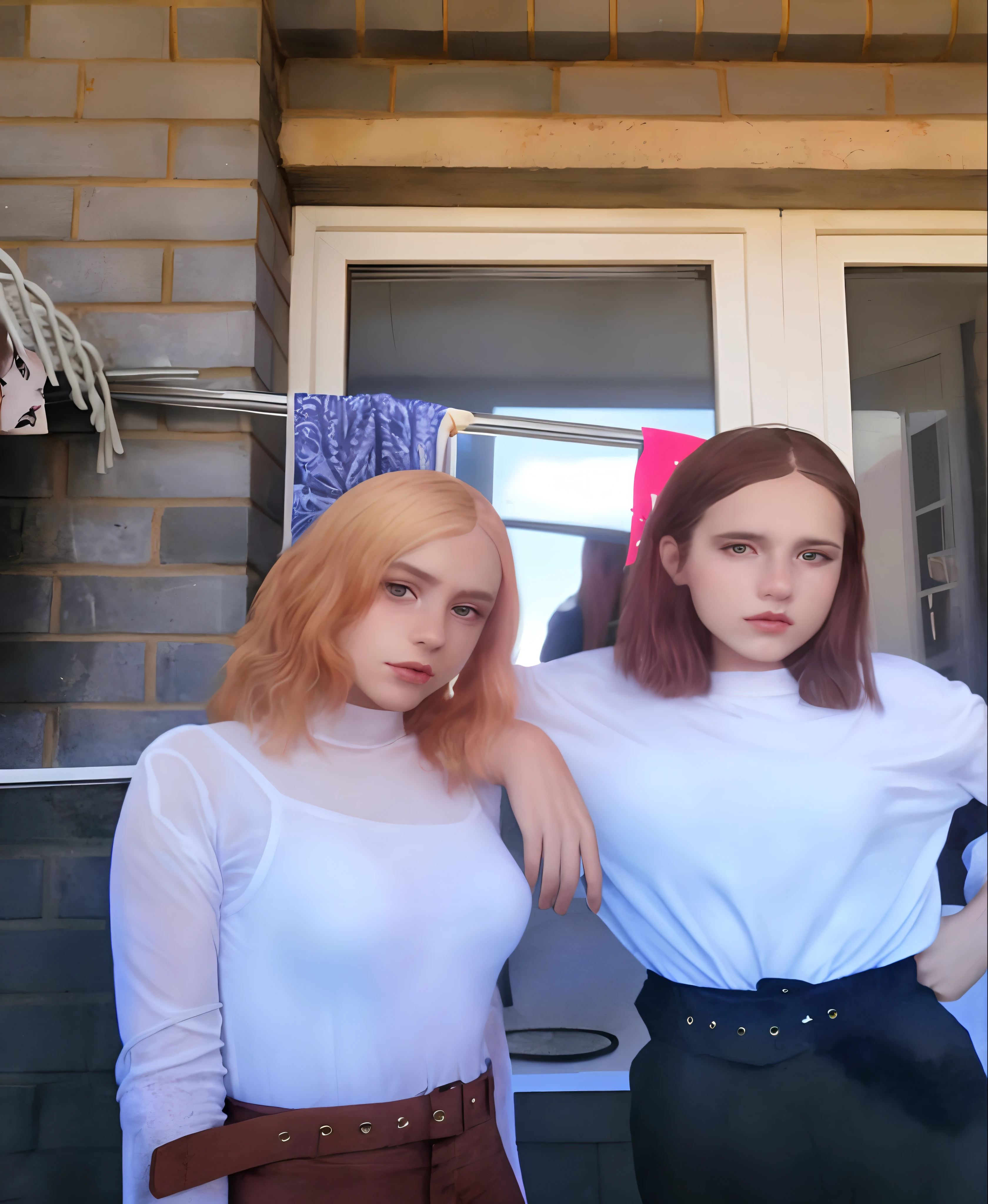 two womans, Standing next to each other in front of the door, Two girls, In the style of Petra Collins, bleached, two models in the frame, in white clothes, loish and wlop, profile pic, Petra Collins and MC. Escher, sisters, dressed in a white t shirt, beautiful sci - fi twins, charlie bowater and artgeem