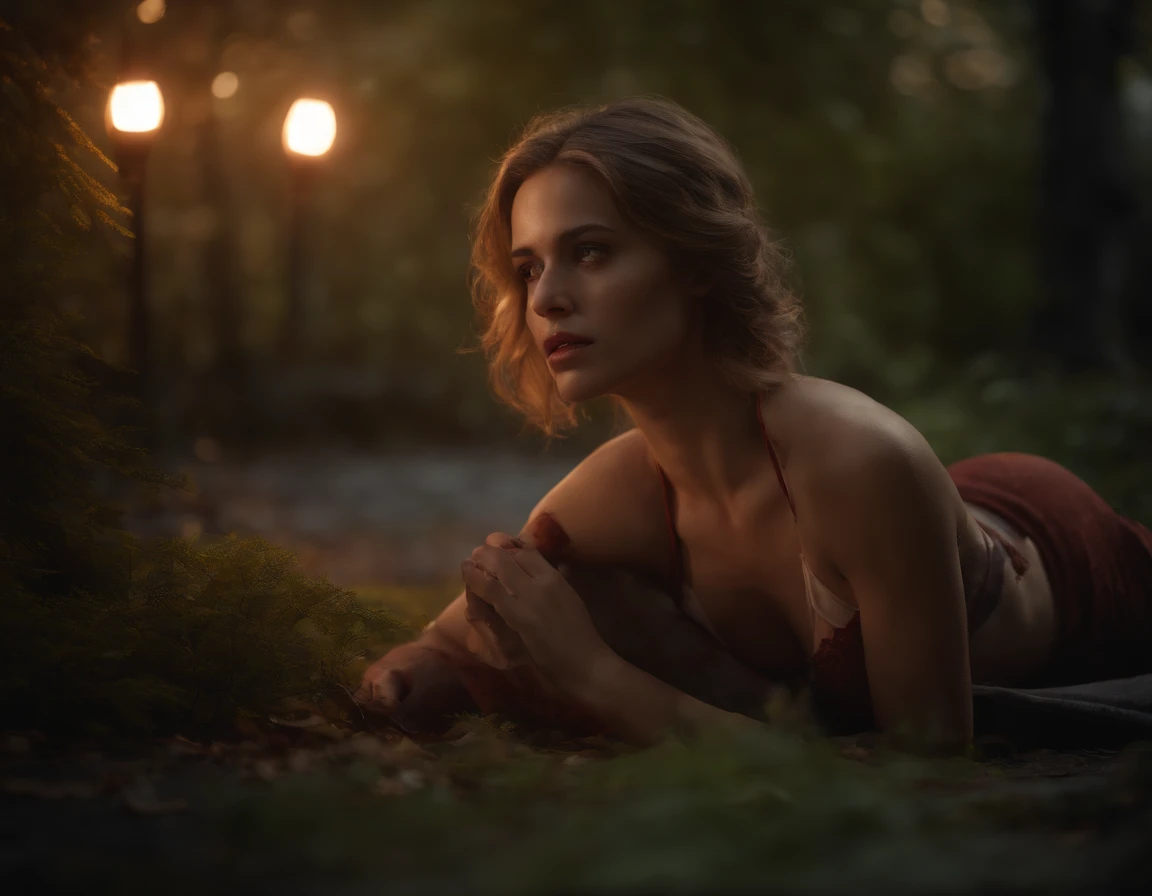 (extremely detailed) unconscious girl (16),(disturbing detail,descriptive) bra and underwear,lying on the ground,covered in blood,(best quality,realistic) lighting and texturing,(realistic) skin texture,(realistic) clothing texture,(realistic) blood effects,(realistic) facial features,(realistic) hair texture,(realistic) environment details,(captivating and detailed) background,night setting,emergency scene,ambulance Sirens,(emphasize environmental details) trees and foliage,streetlamp lighting,vivid colors