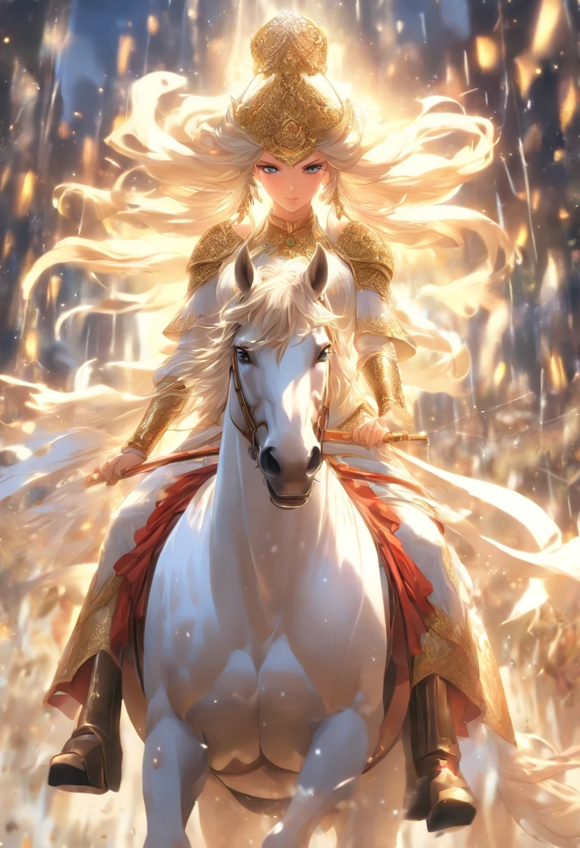 (((TISHTRYA))) best quality, ultra-high resolution, 4K detailed CG, masterpiece, Persian goddess, white horse, raining, Persian clothes, Persian mythology, aesthetics, ((riding on horse)), Beautiful picture , centered on the screen