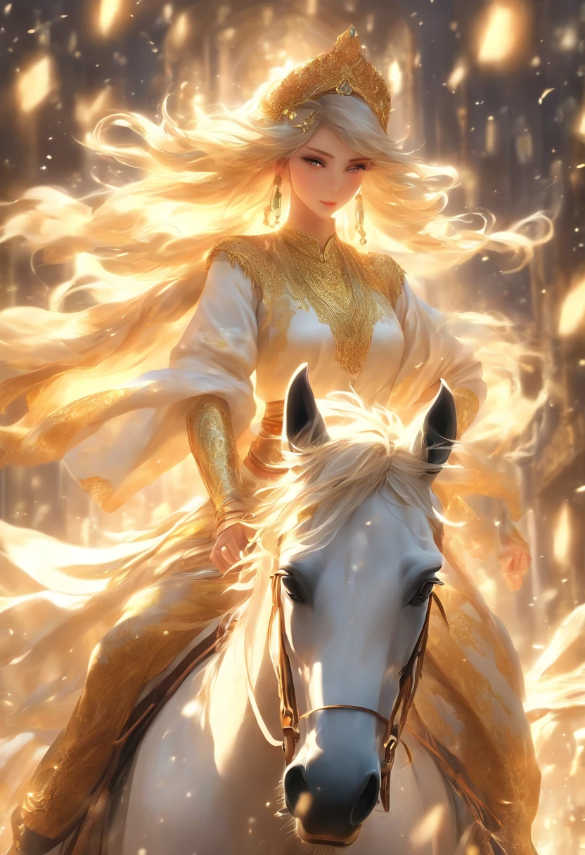 (((TISHTRYA))) best quality, ultra-high resolution, 4K detailed CG, masterpiece, Persian goddess, white horse, raining, Persian clothes, Persian mythology, aesthetics, ((riding on horse)), Beautiful picture , centered on the screen