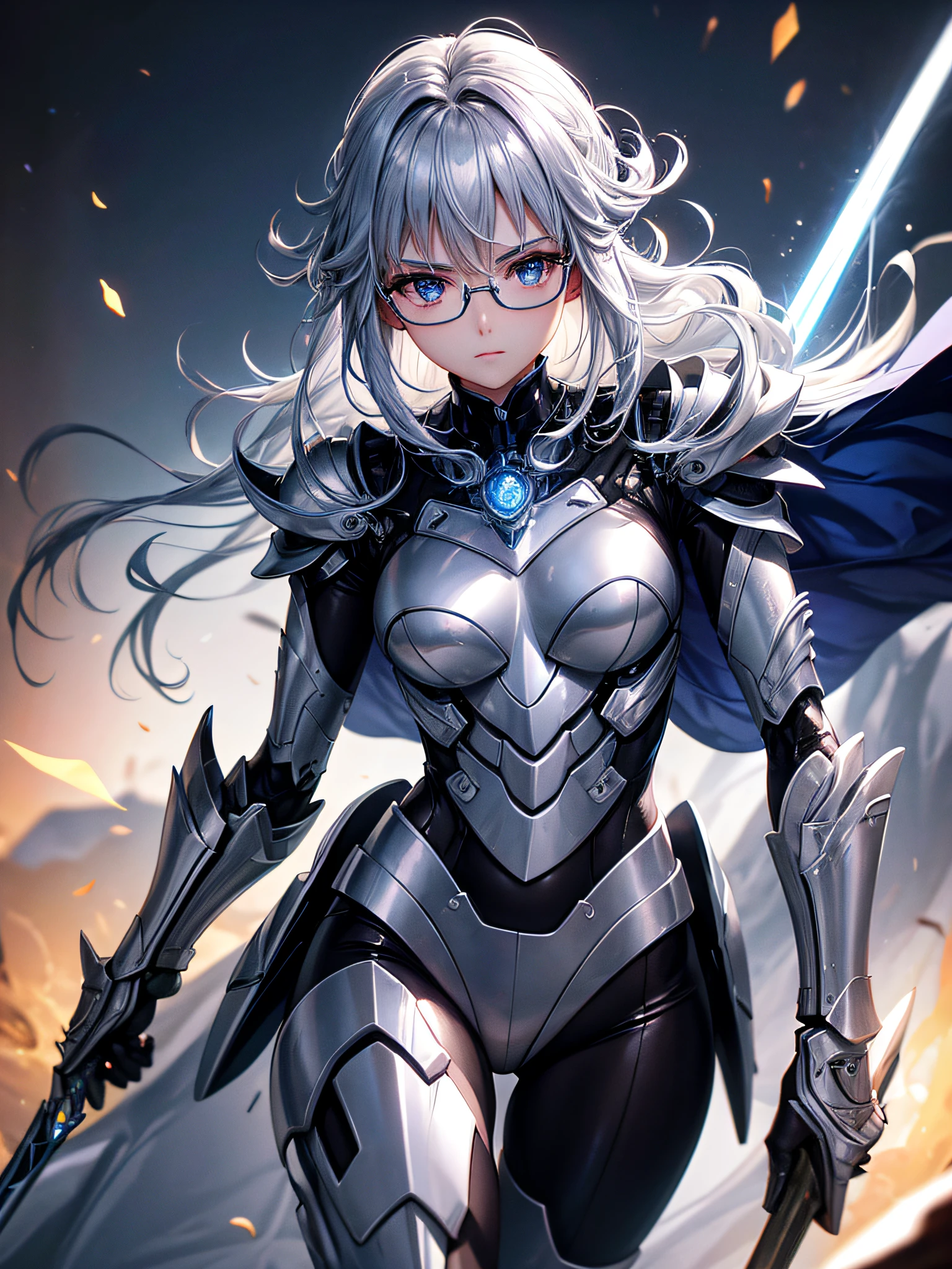 5 8K UHD、Silver metallic body mechanical beauty with glasses holding weapon、Shiny silver robot with hidden skin