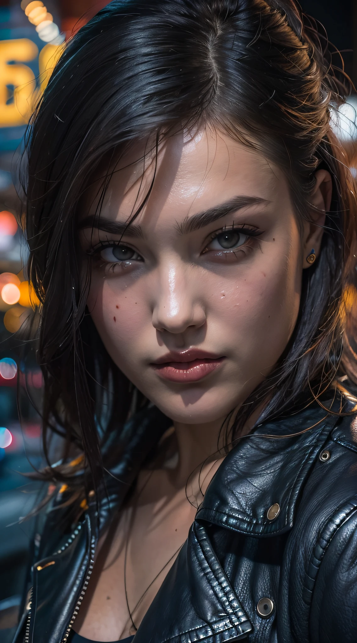 Sasha Grey Girl, leather jacket and crop top, Masterpiece, Against the backdrop of a roadside café, the night, hyper realisitc, real-photo, portraite of a