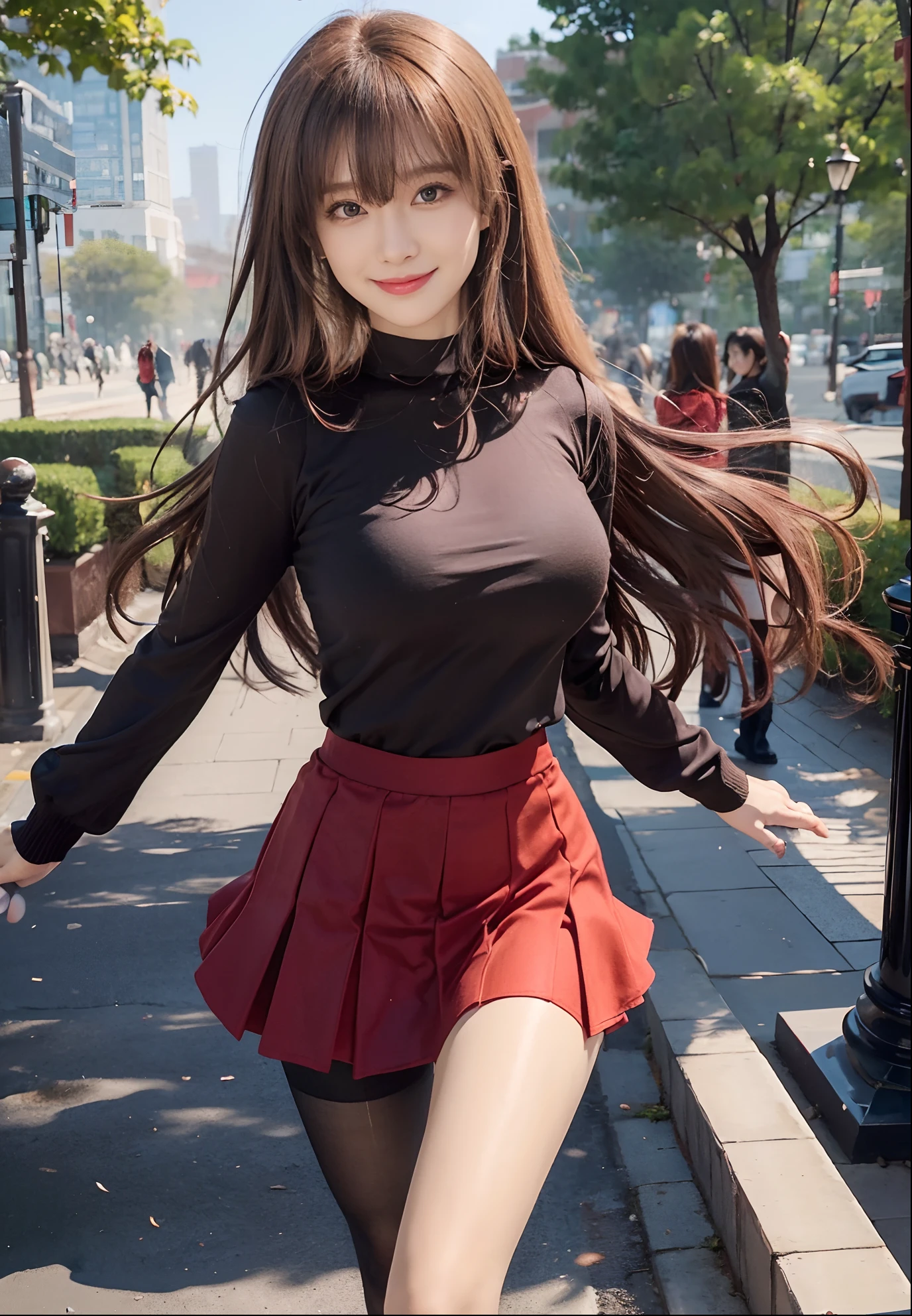 top-quality、Top image quality、​masterpiece、fully body photo、25 years old women, governess、Dark brown wavy middle hair、bangss、((Black long-sleeved knit、Red flared skirt、Stockings))、 ((no-bra、Puffy nipple、Flip the skirt、Visible))、Sexy light blue panties、soft boob、Large breasts、high-heels、 cute smile face、stairs at school、Sit on the stairs with your legs open、((I can see all my panties、Rub your chest with both hands、Touching the crotch))