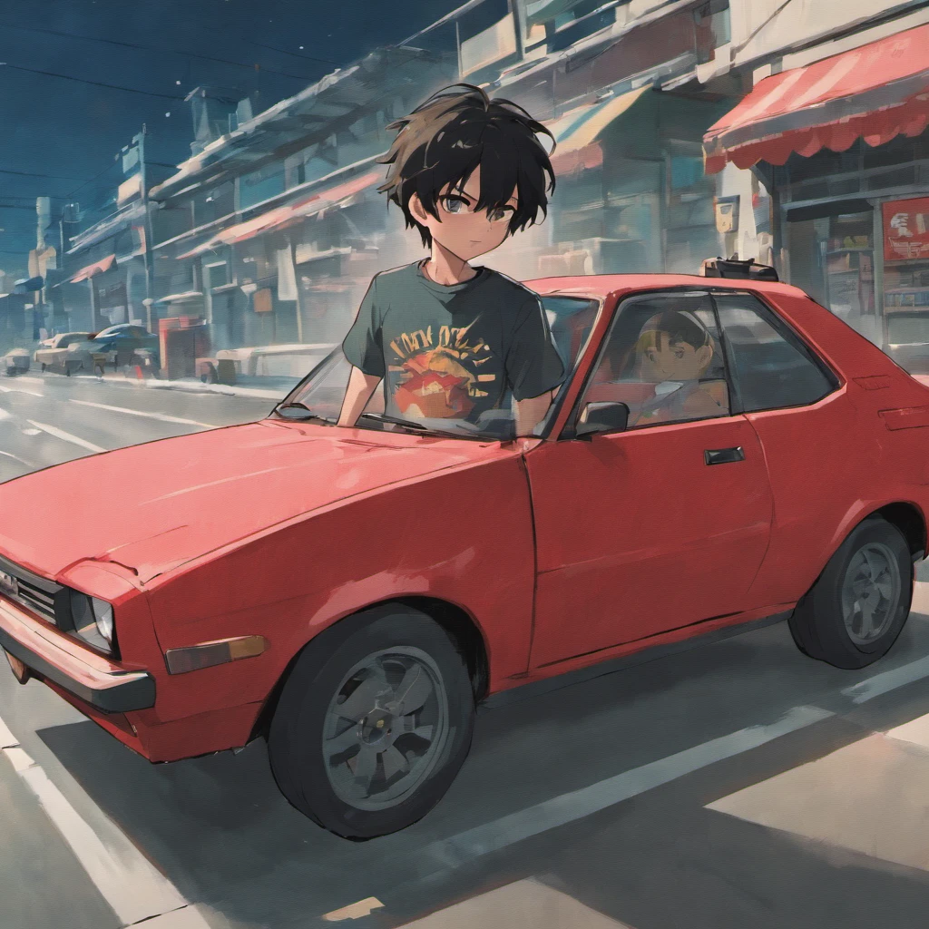 Black-haired protagonist boy、Red Car AE86LEVIN、Part-time job at a gas station