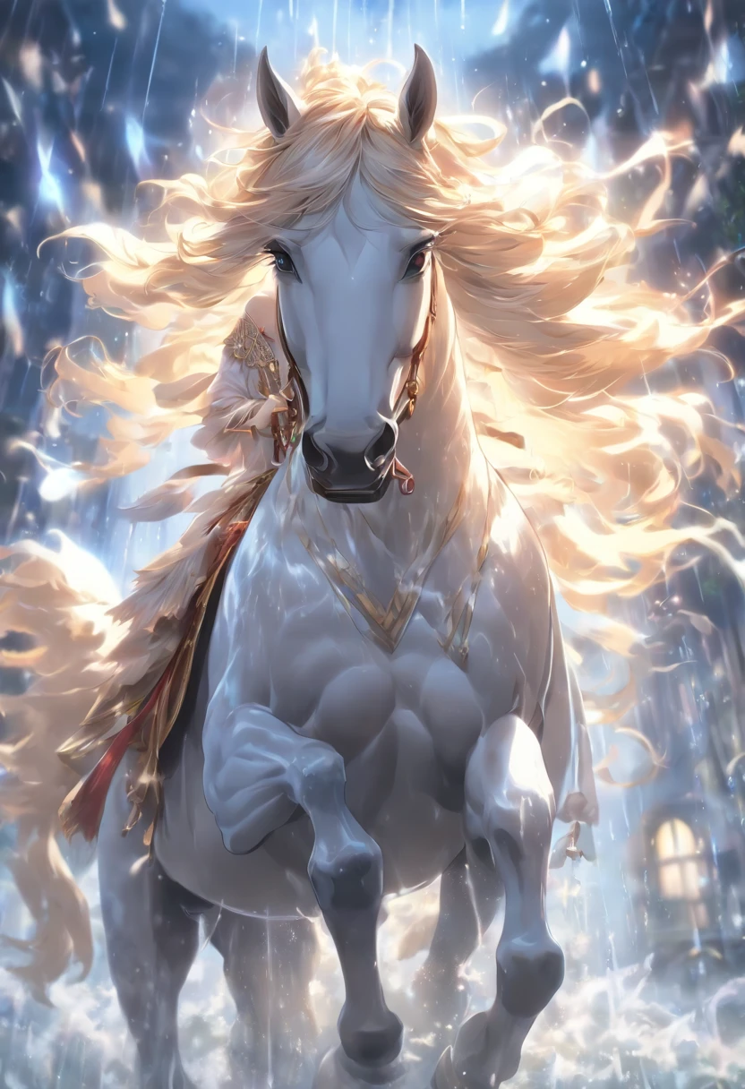 (((TISHTRYA))) best quality, ultra-high resolution, 4K detailed CG, masterpiece,Rain Goddess,white horse,raining,rain,Persian clothing,Persian mythology,aesthetics,((riding on horse)) , Beautiful image, centered on the screen