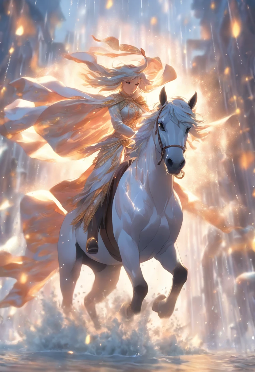(((TISHTRYA))) best quality, ultra-high resolution, 4K detailed CG, masterpiece,Rain Goddess,white horse,raining,rain,Persian clothing,Persian mythology,aesthetics,((riding on horse)) , Beautiful image, centered on the screen